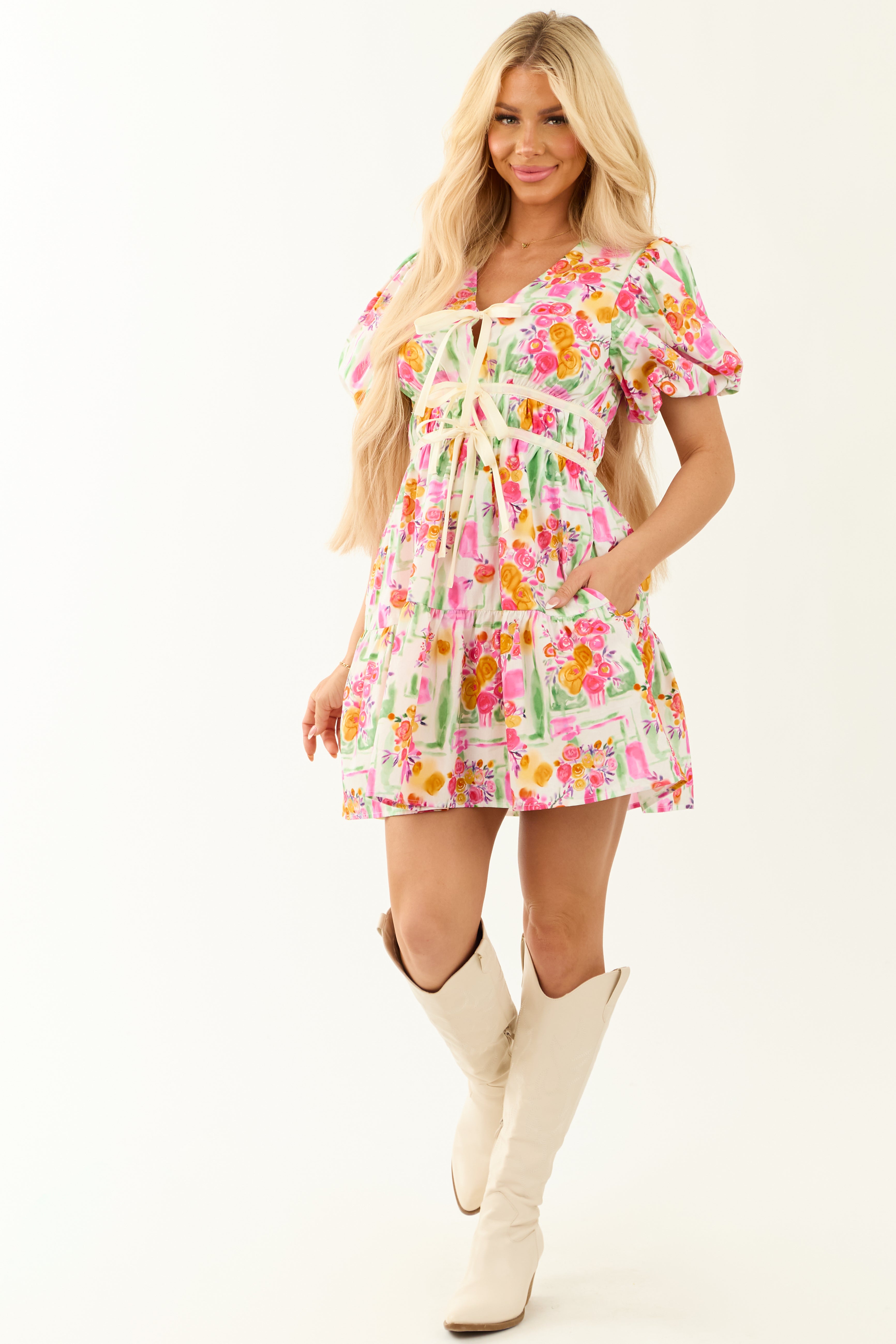 Colorful Floral Print Tie Detail Mini Dress