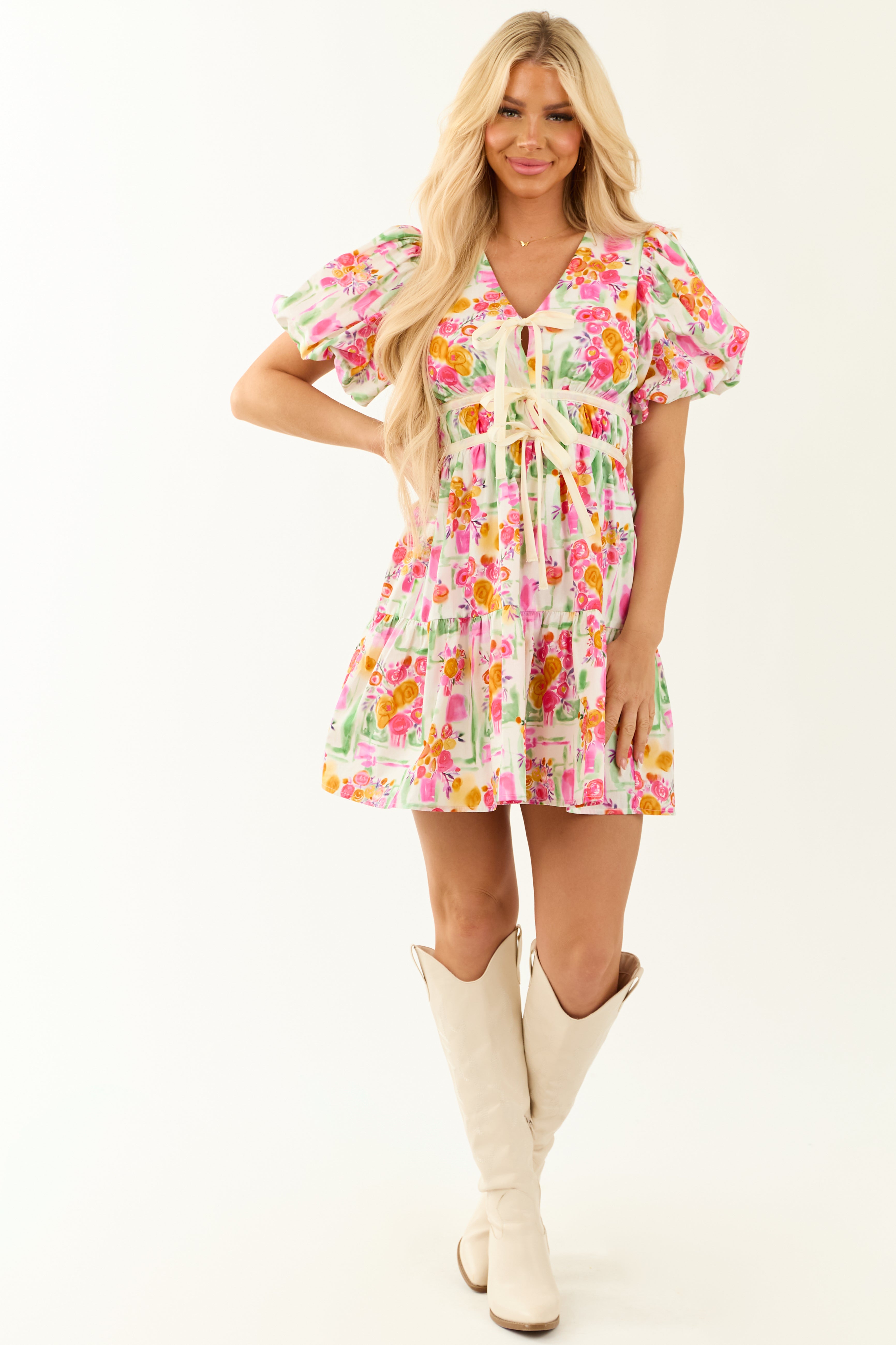 Colorful Floral Print Tie Detail Mini Dress