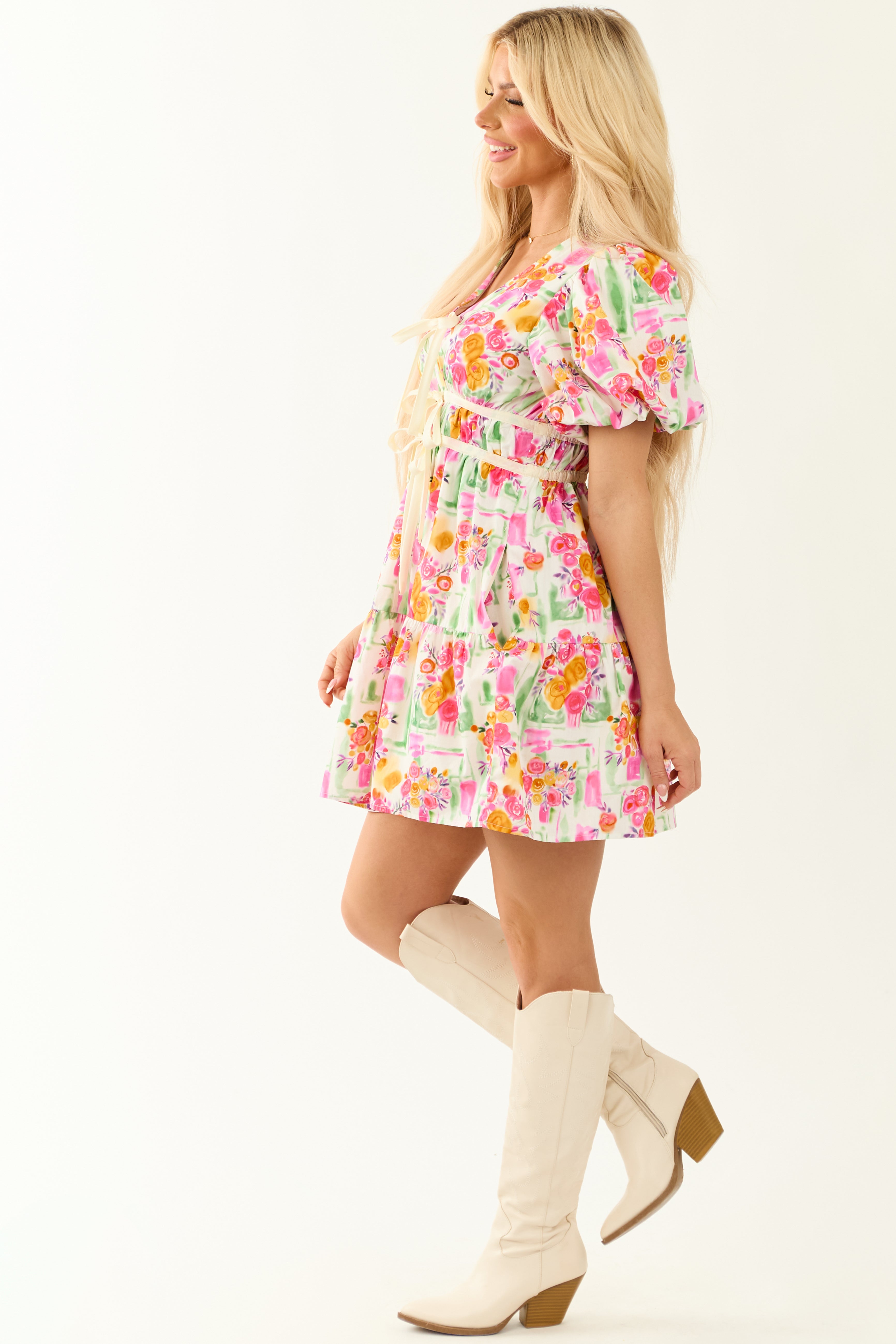 Colorful Floral Print Tie Detail Mini Dress