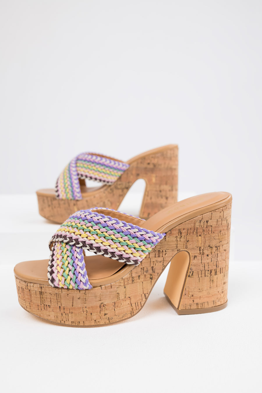 Colorful Braided Strap Cork Platform Heels