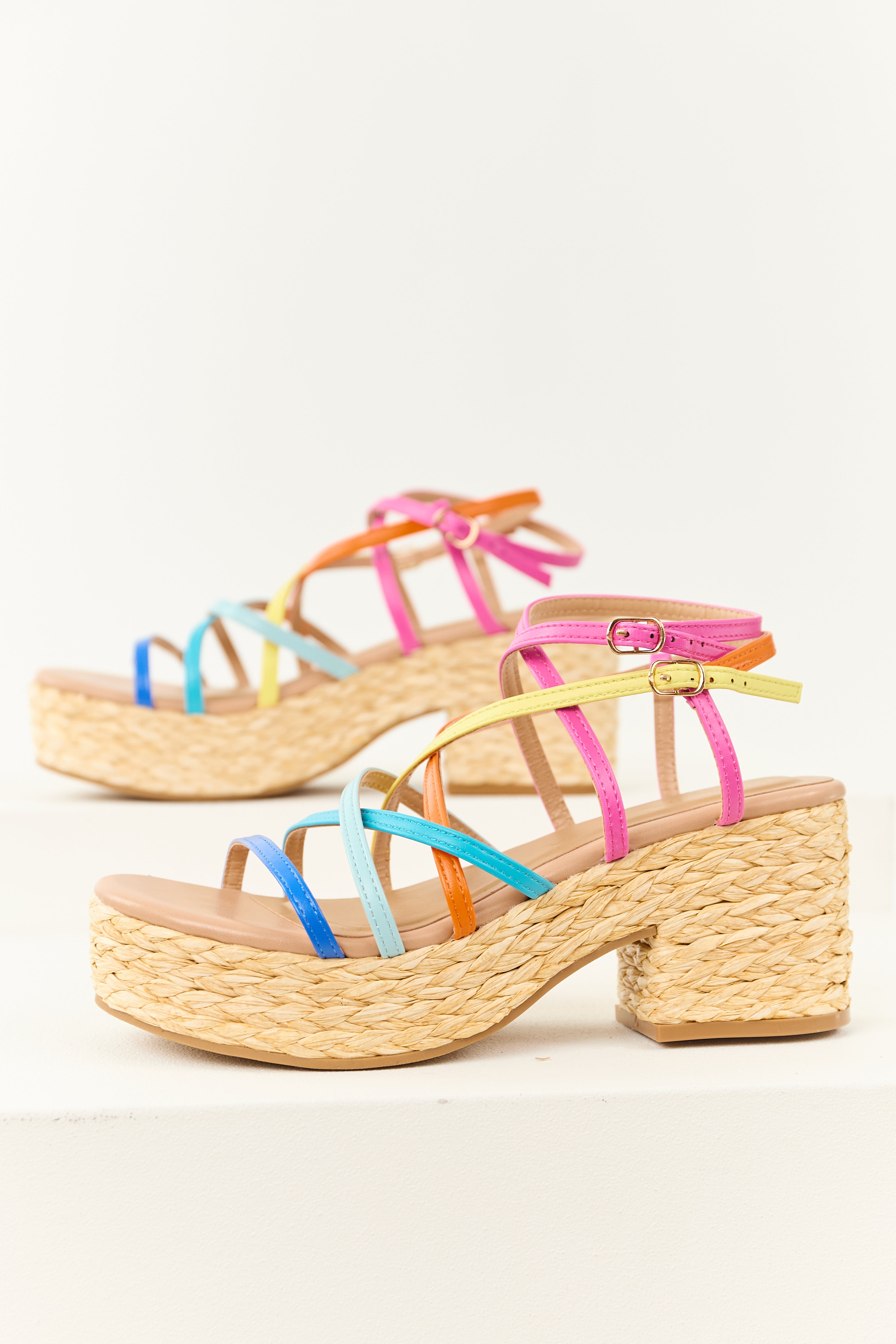 Colorful Strappy Espadrille Raffia Platform Heels