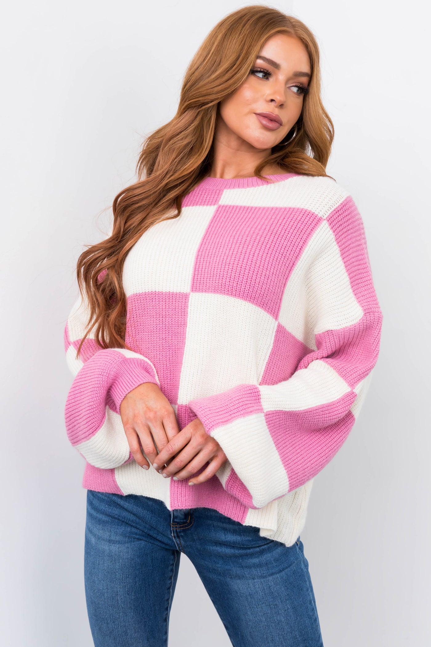 Cool Pink and Cream Checkered Oversized Sweater | Lime Lush
