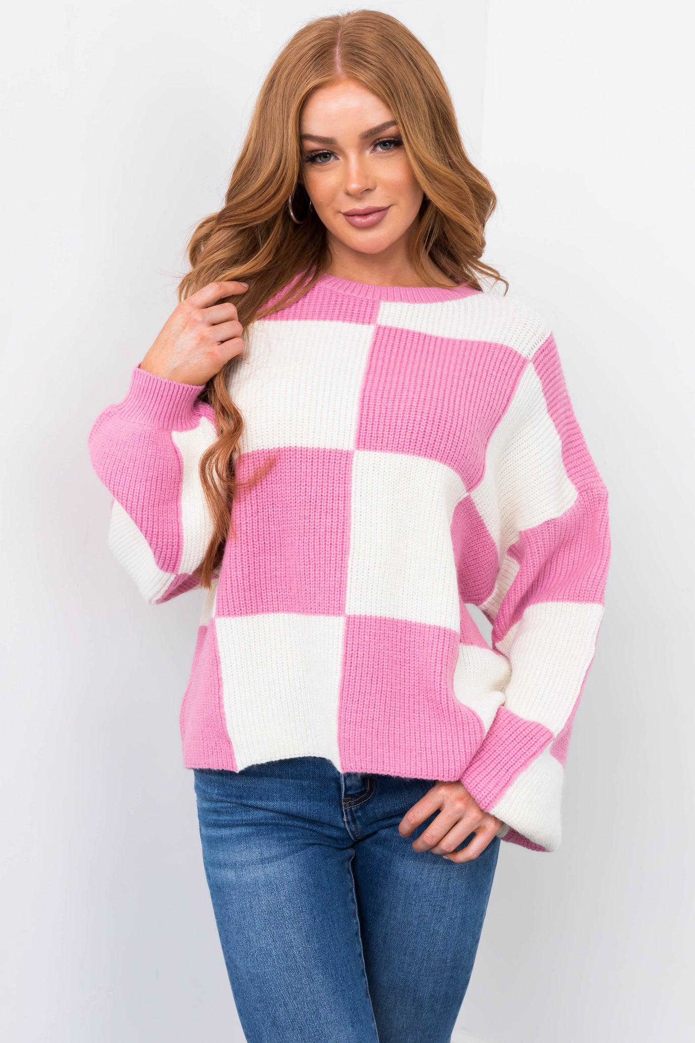 Cool Pink and Cream Checkered Oversized Sweater