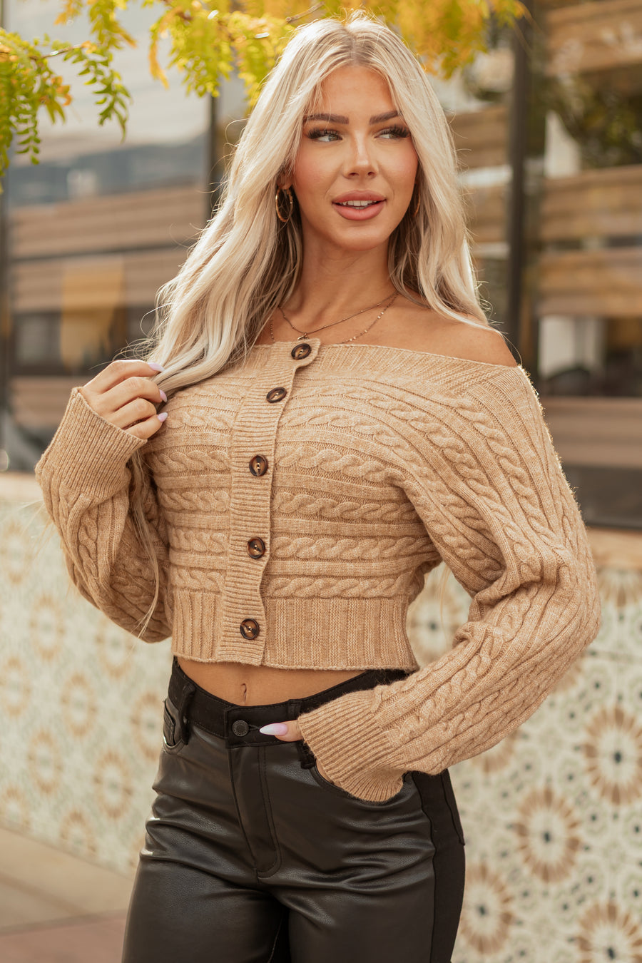 Copper Cable Knit Boatneck Cropped Cardigan