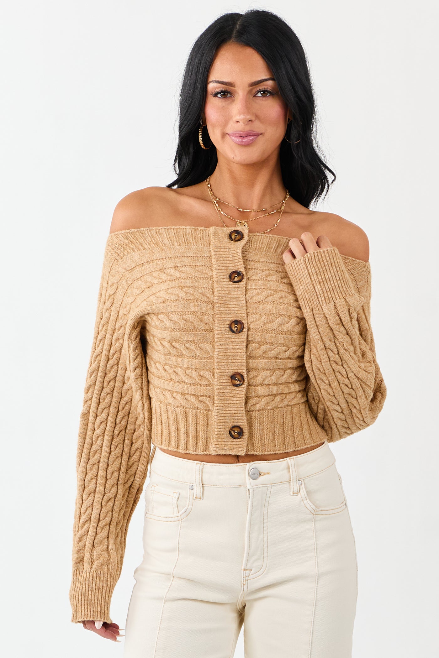 Copper Cable Knit Boatneck Cropped Cardigan