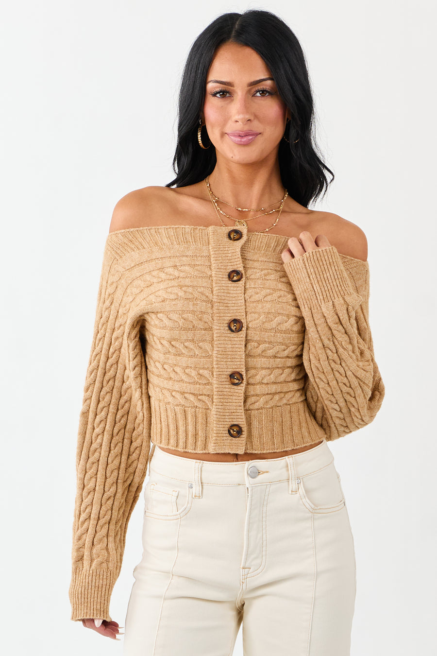 Copper Cable Knit Boatneck Cropped Cardigan