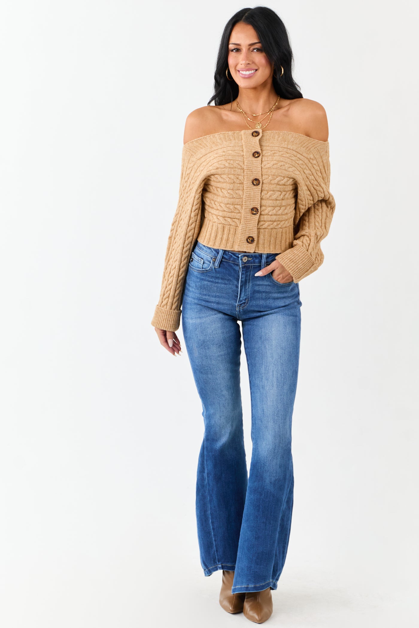 Copper Cable Knit Boatneck Cropped Cardigan