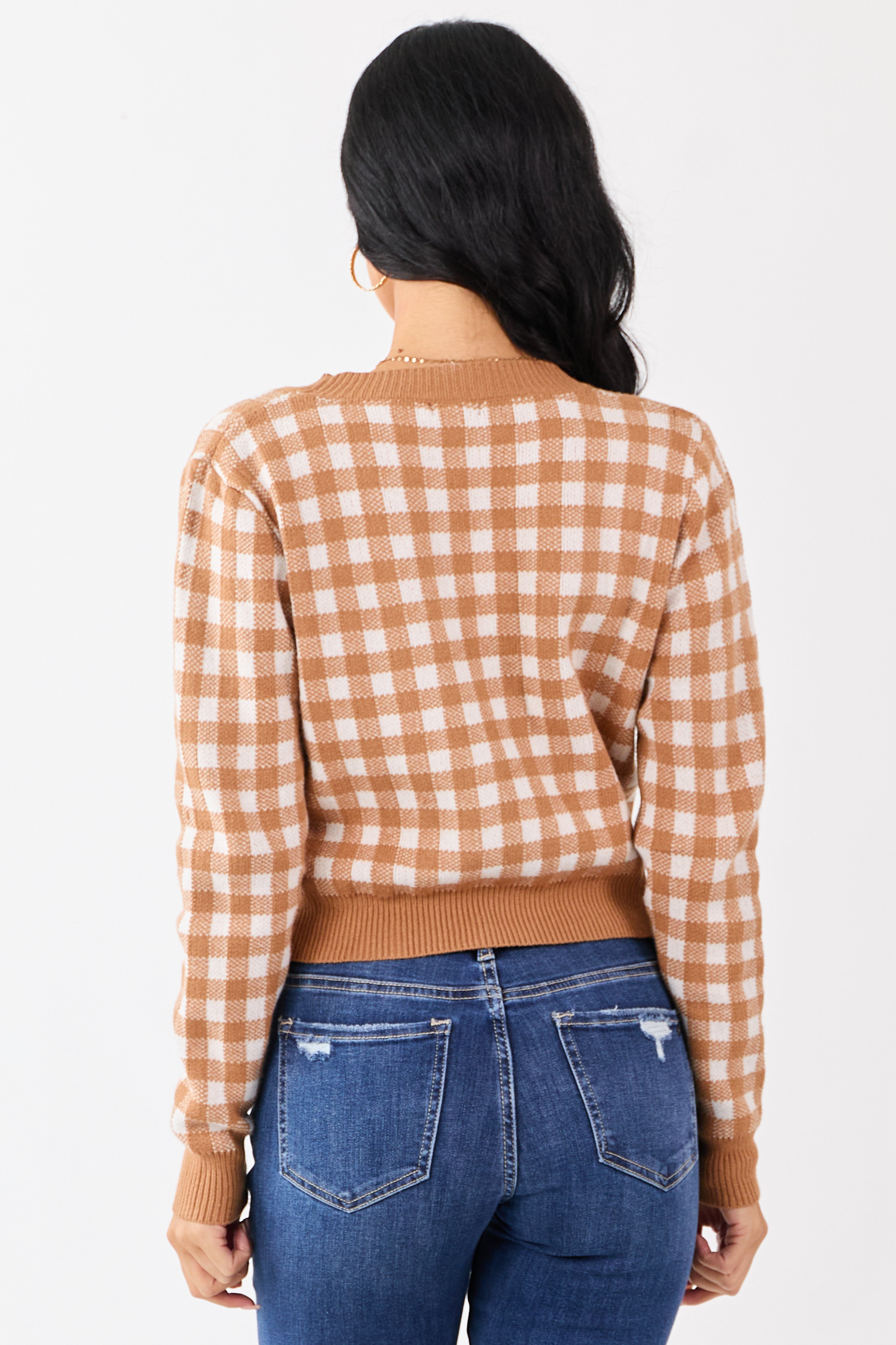 Copper Checkered Button Down Cropped Cardigan