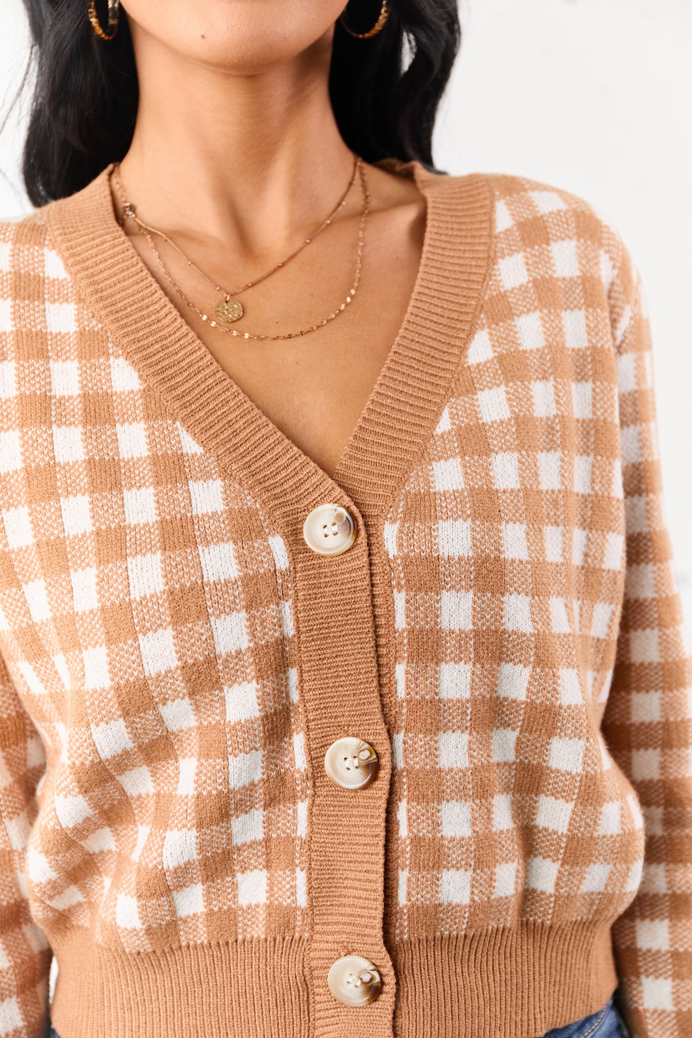 Copper Checkered Button Down Cropped Cardigan
