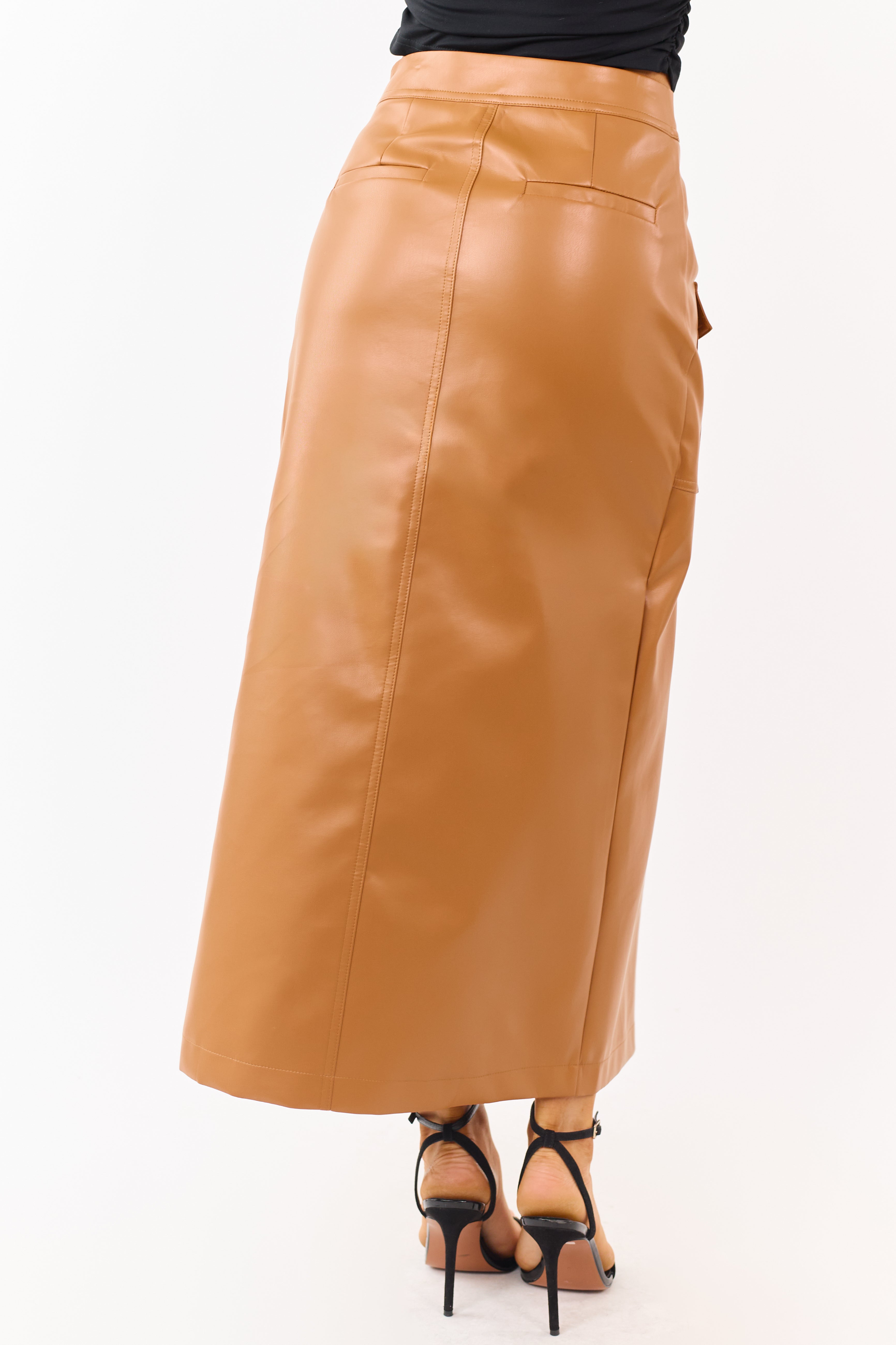 Copper Faux Leather Asymmetrical Wrap Maxi Skirt