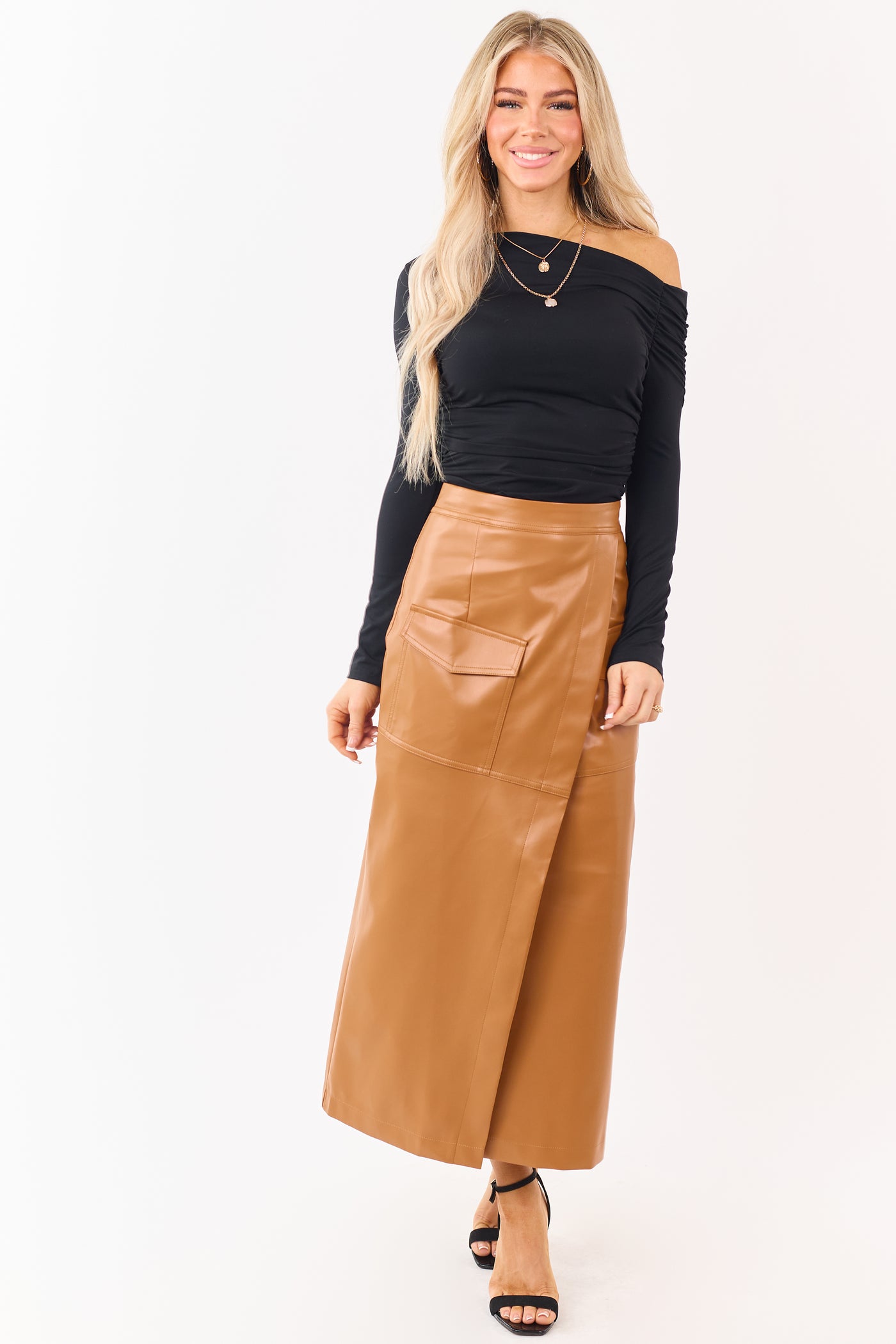 Copper Faux Leather Asymmetrical Wrap Maxi Skirt