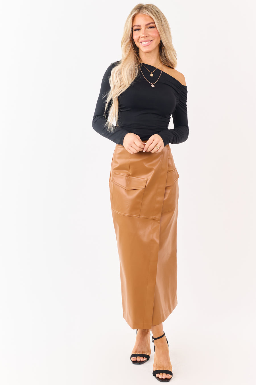 Copper Faux Leather Asymmetrical Wrap Maxi Skirt