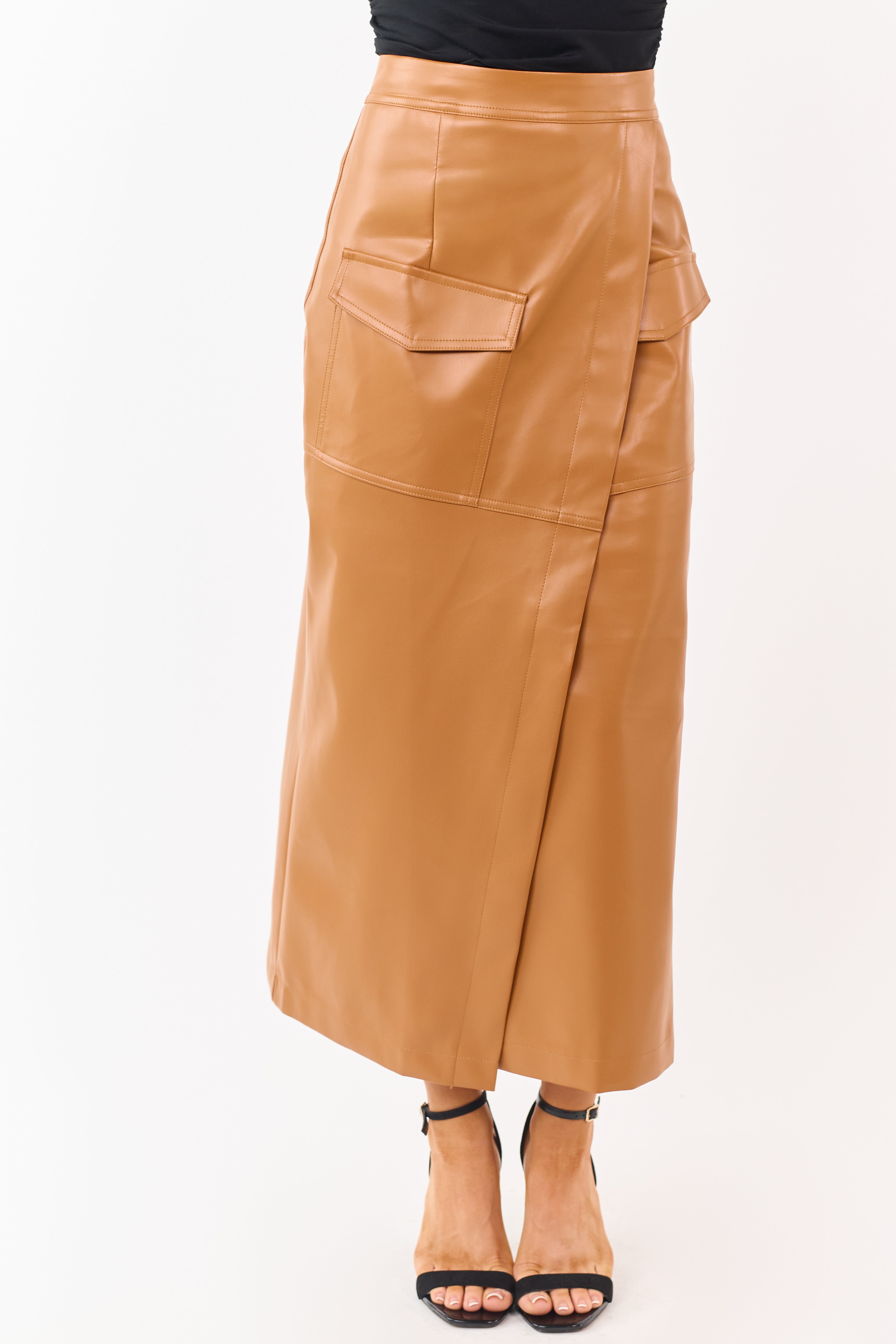 Copper Faux Leather Asymmetrical Wrap Maxi Skirt