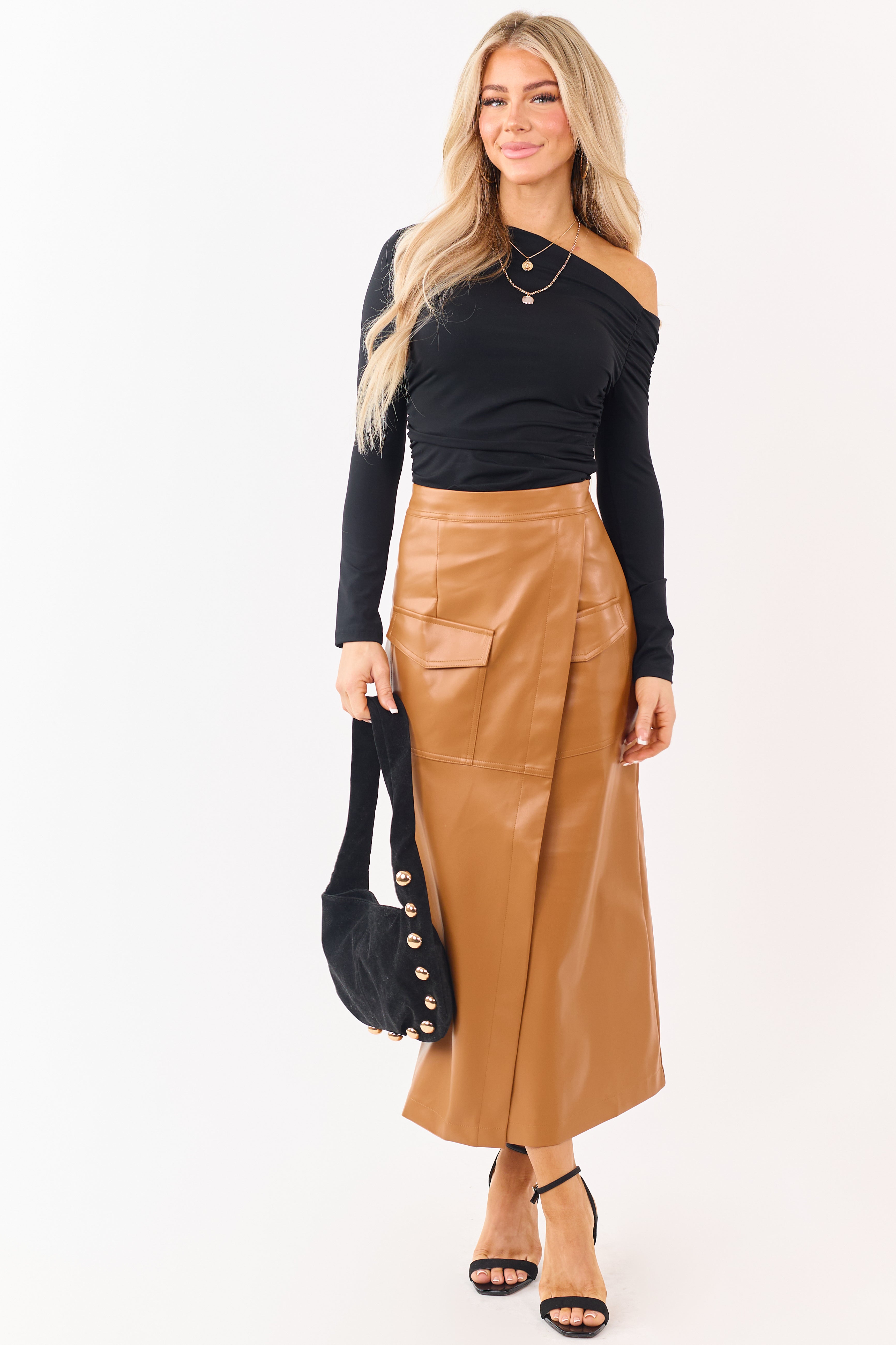 Copper Faux Leather Asymmetrical Wrap Maxi Skirt