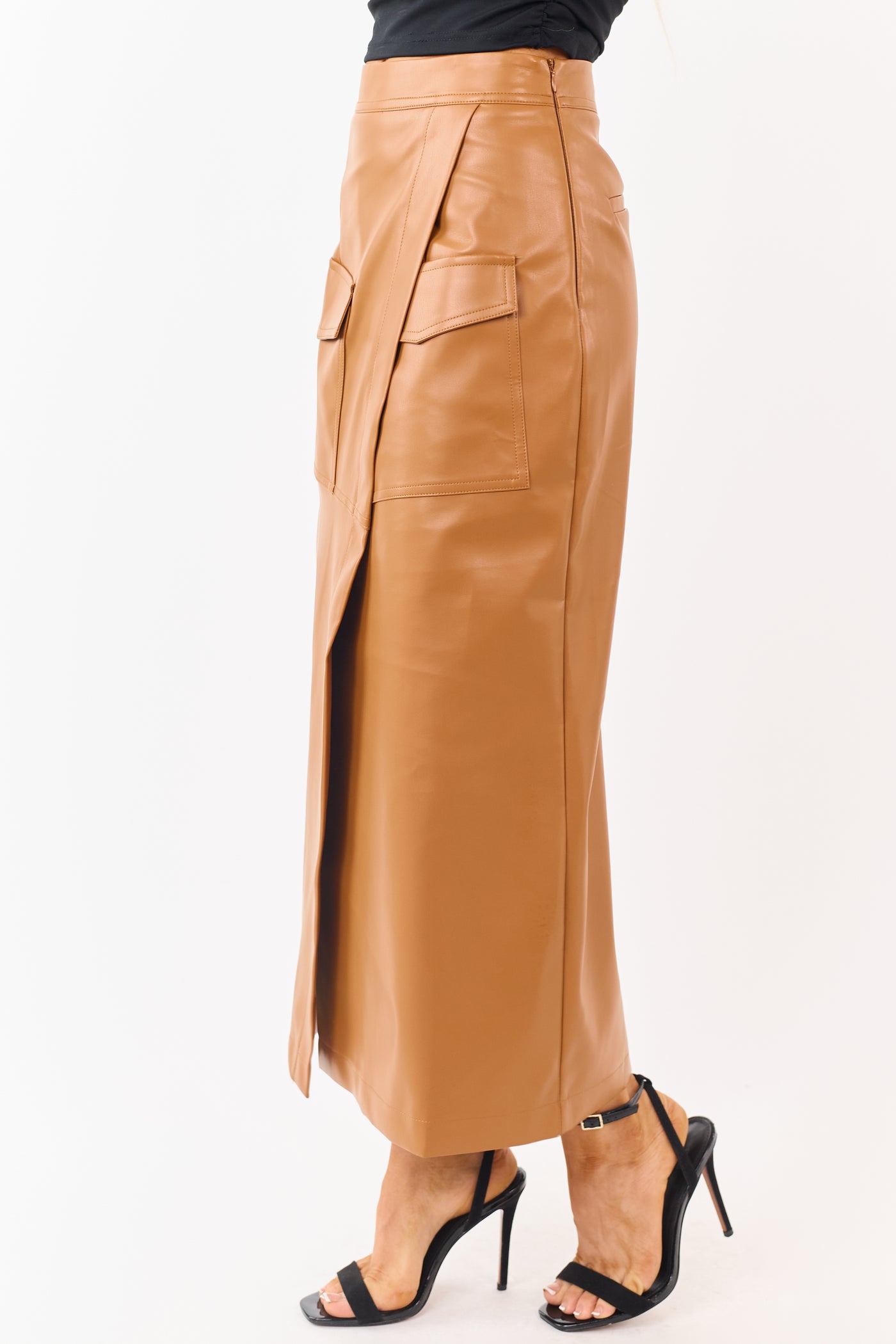 Copper Faux Leather Asymmetrical Wrap Maxi Skirt