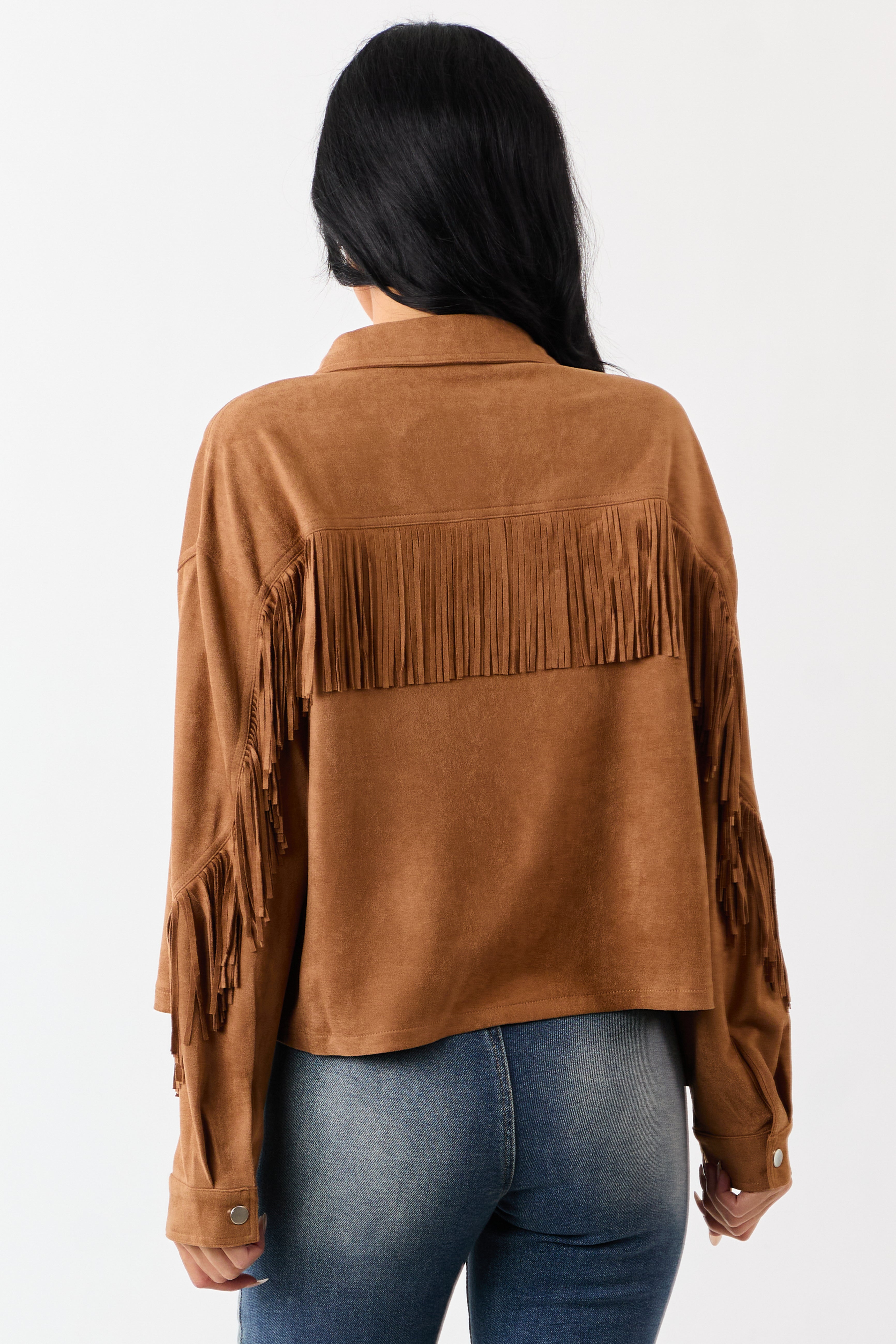 Copper Faux Suede Collared Fringe Jacket