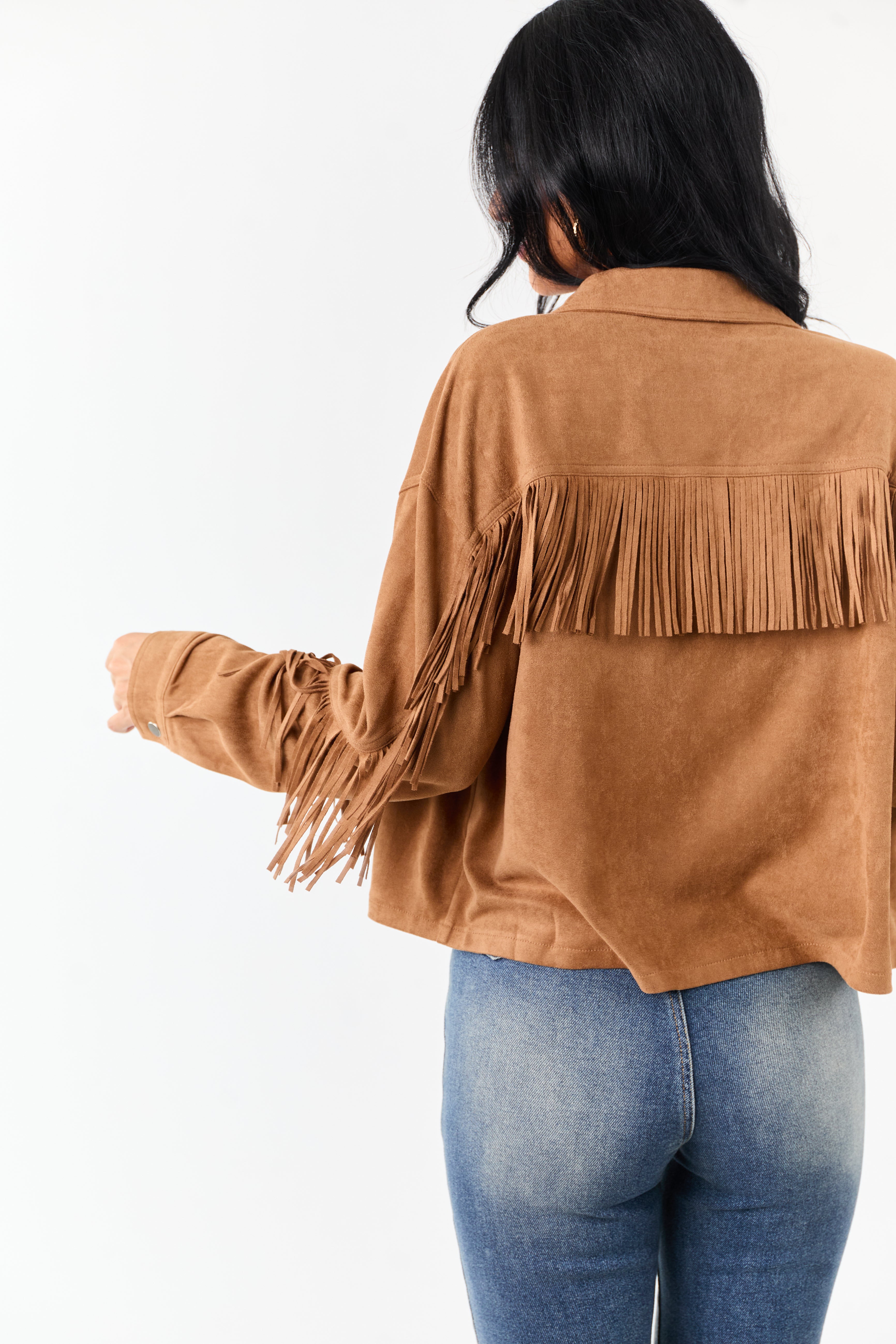 Copper Faux Suede Collared Fringe Jacket