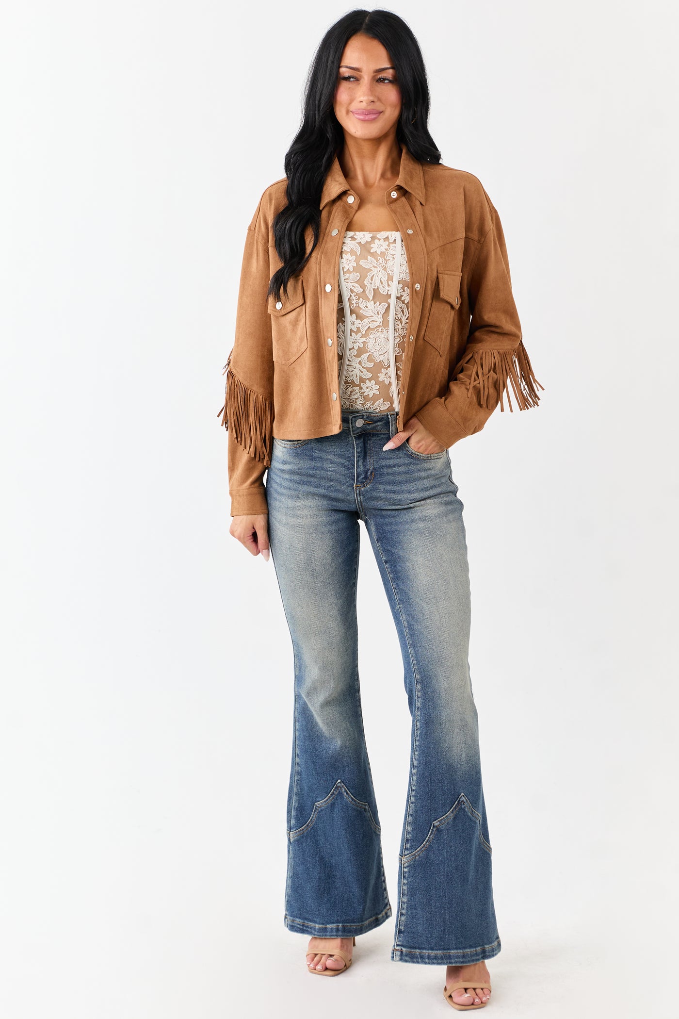 Copper Faux Suede Collared Fringe Jacket