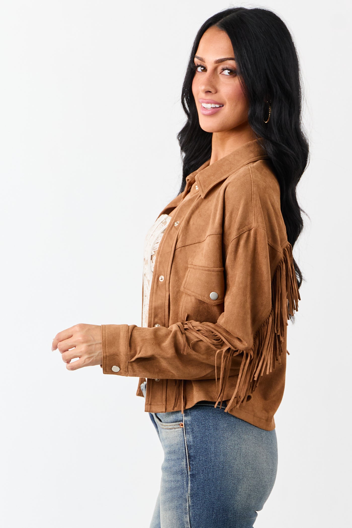 Copper Faux Suede Collared Fringe Jacket