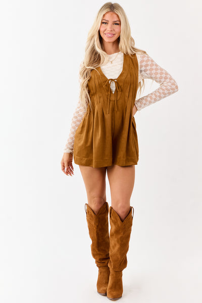 Copper Faux Suede Pintuck Deep V Front Tie Romper