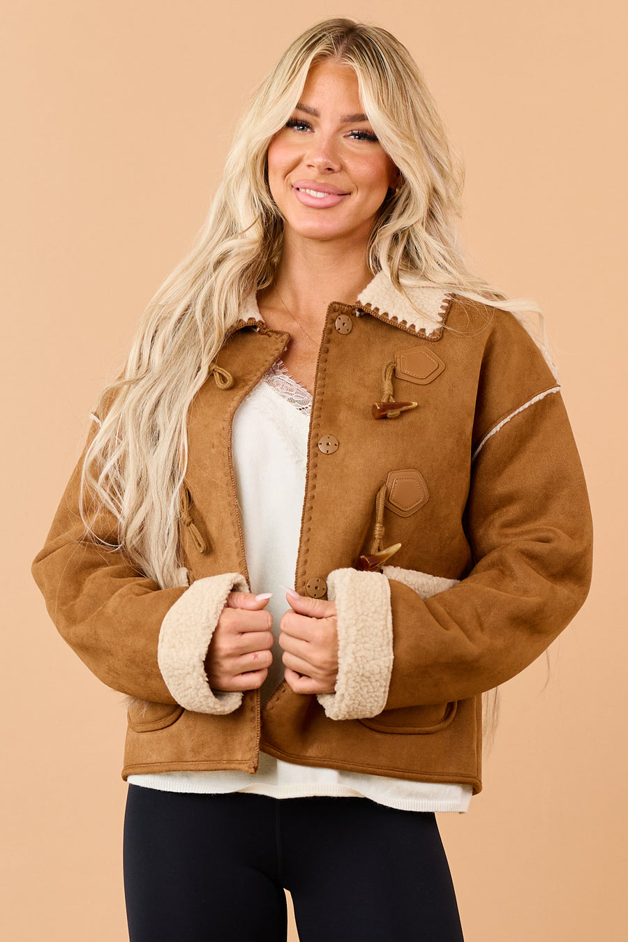 Copper Faux Suede Sherpa Lined Toggle Jacket