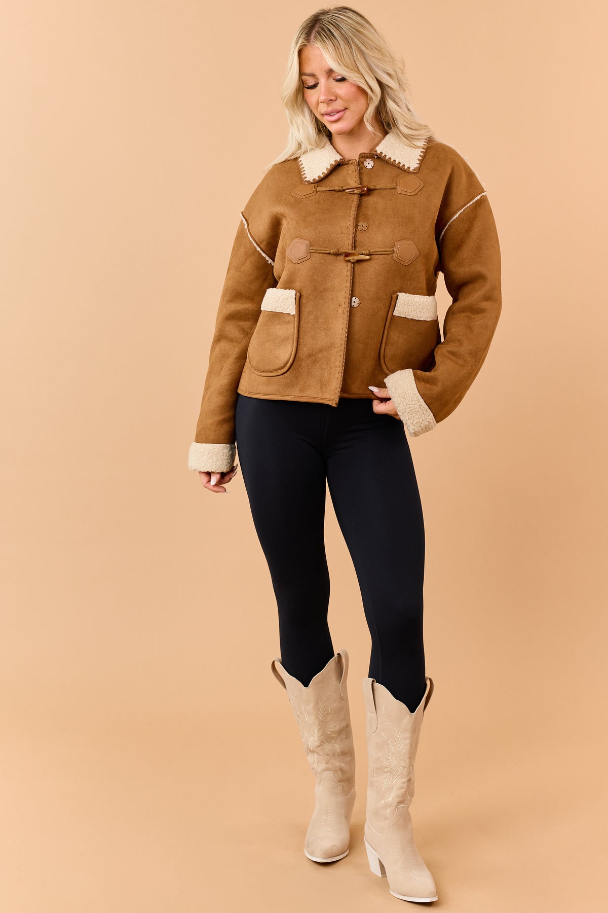 Copper Faux Suede Sherpa Lined Toggle Jacket