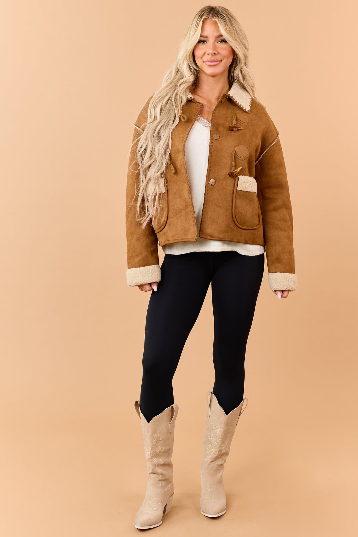 Copper Faux Suede Sherpa Lined Toggle Jacket