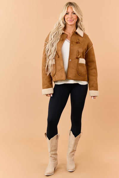 Copper Faux Suede Sherpa Lined Toggle Jacket