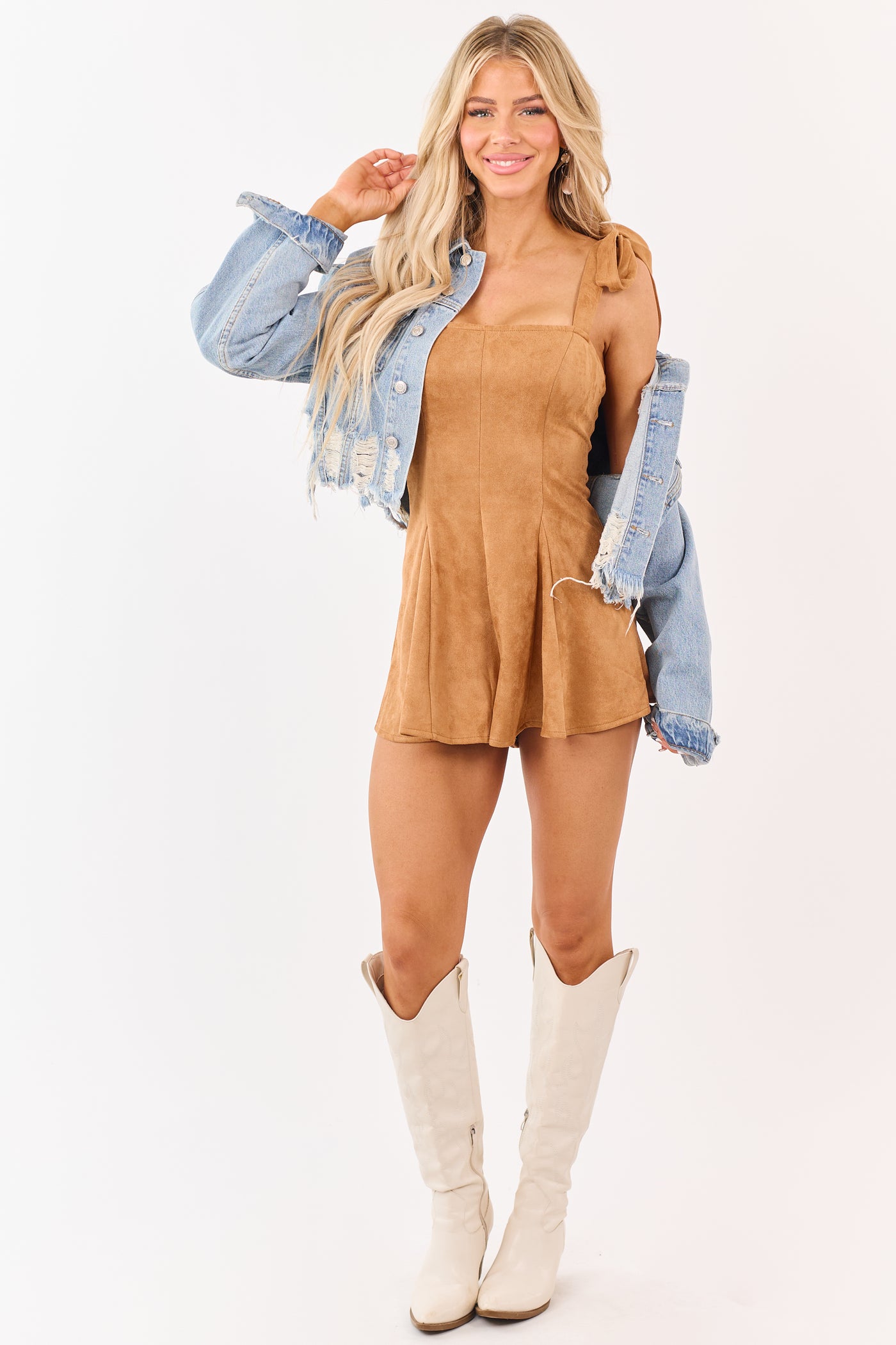 Copper Faux Suede Tie Strap Flare Shorts Romper