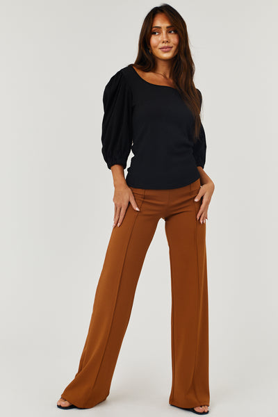 Copper High Waist Seam Detail Woven Flare Pants