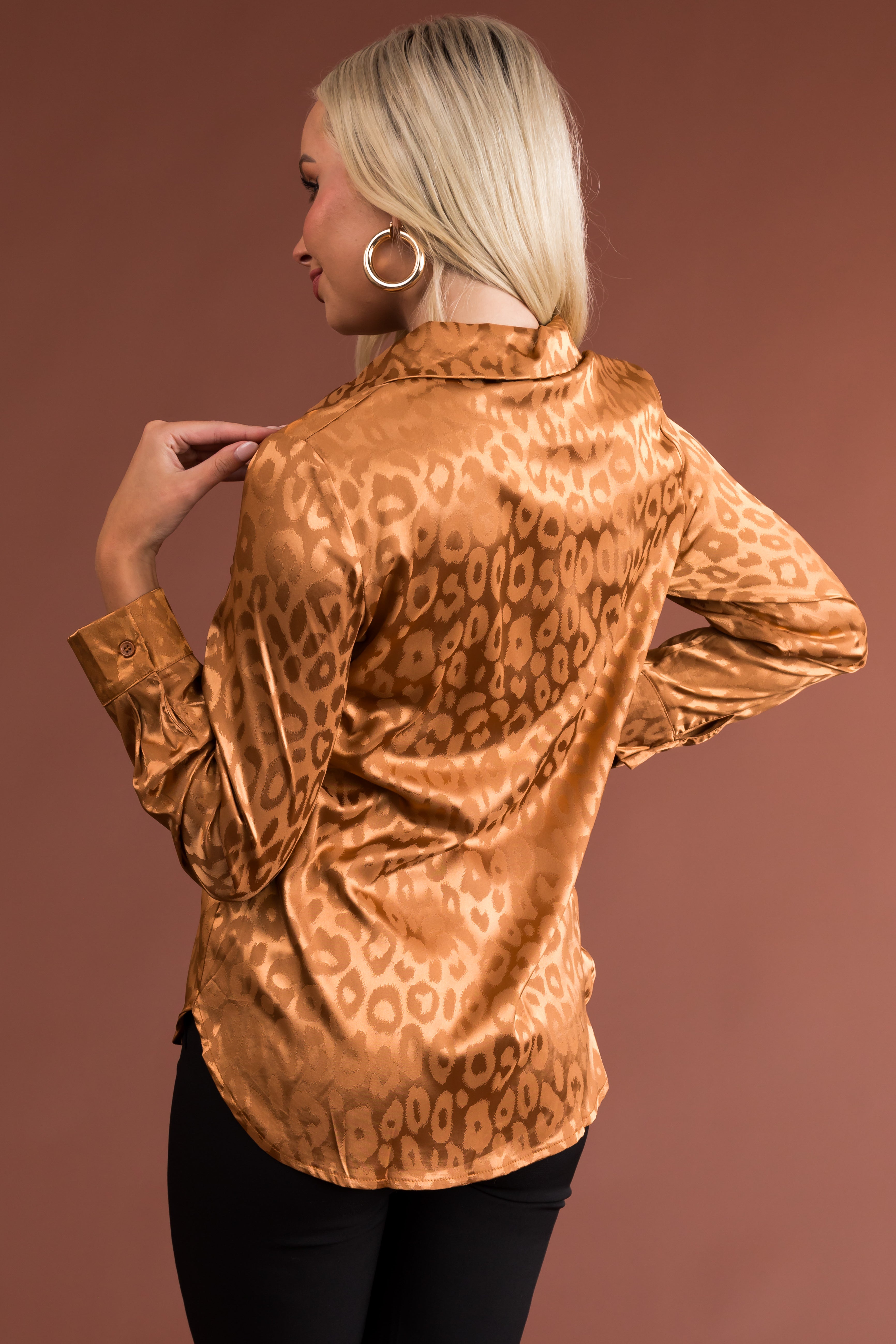 Copper Leopard Jacquard Button Up Satin Blouse