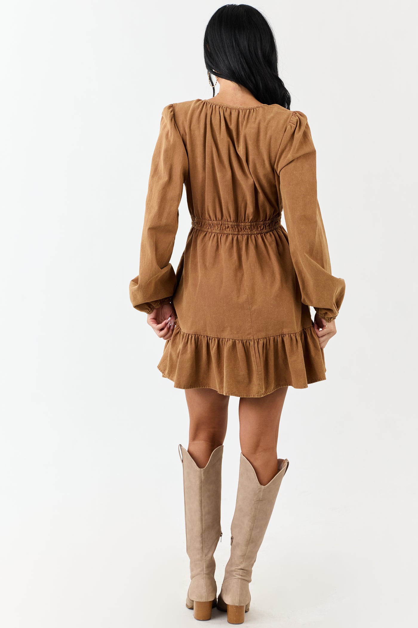 Copper Mineral Wash Denim Long Sleeve Mini Dress