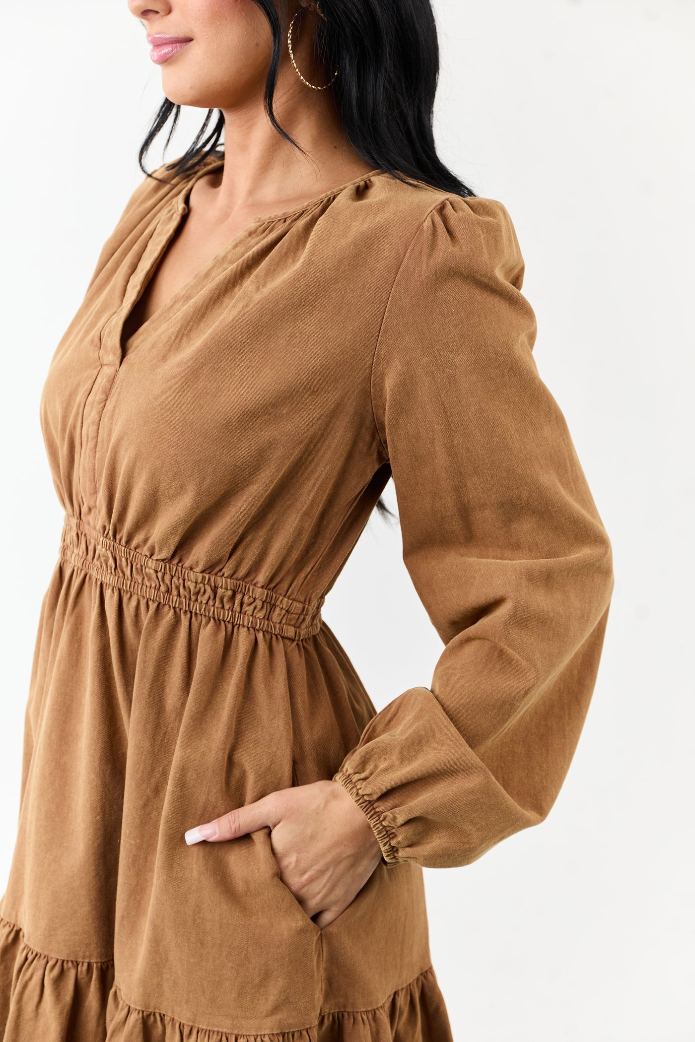 Copper Mineral Wash Denim Long Sleeve Mini Dress