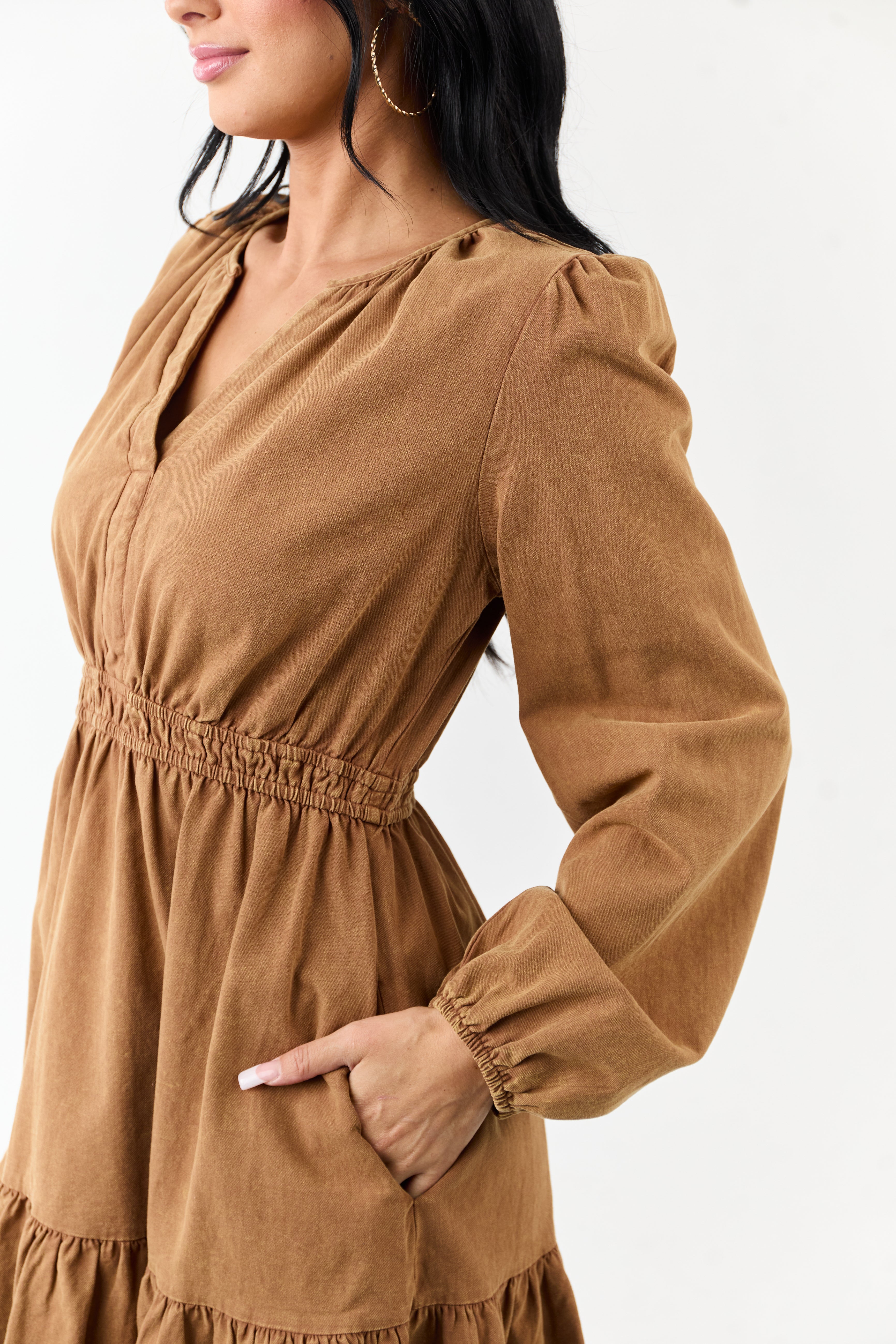Copper Mineral Wash Denim Long Sleeve Mini Dress