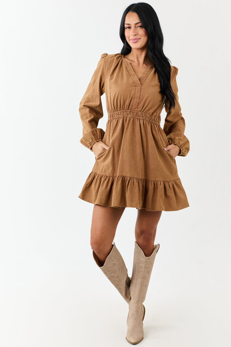 Copper Mineral Wash Denim Long Sleeve Mini Dress