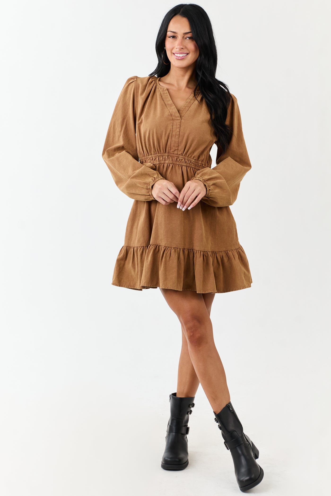 Copper Mineral Wash Denim Long Sleeve Mini Dress
