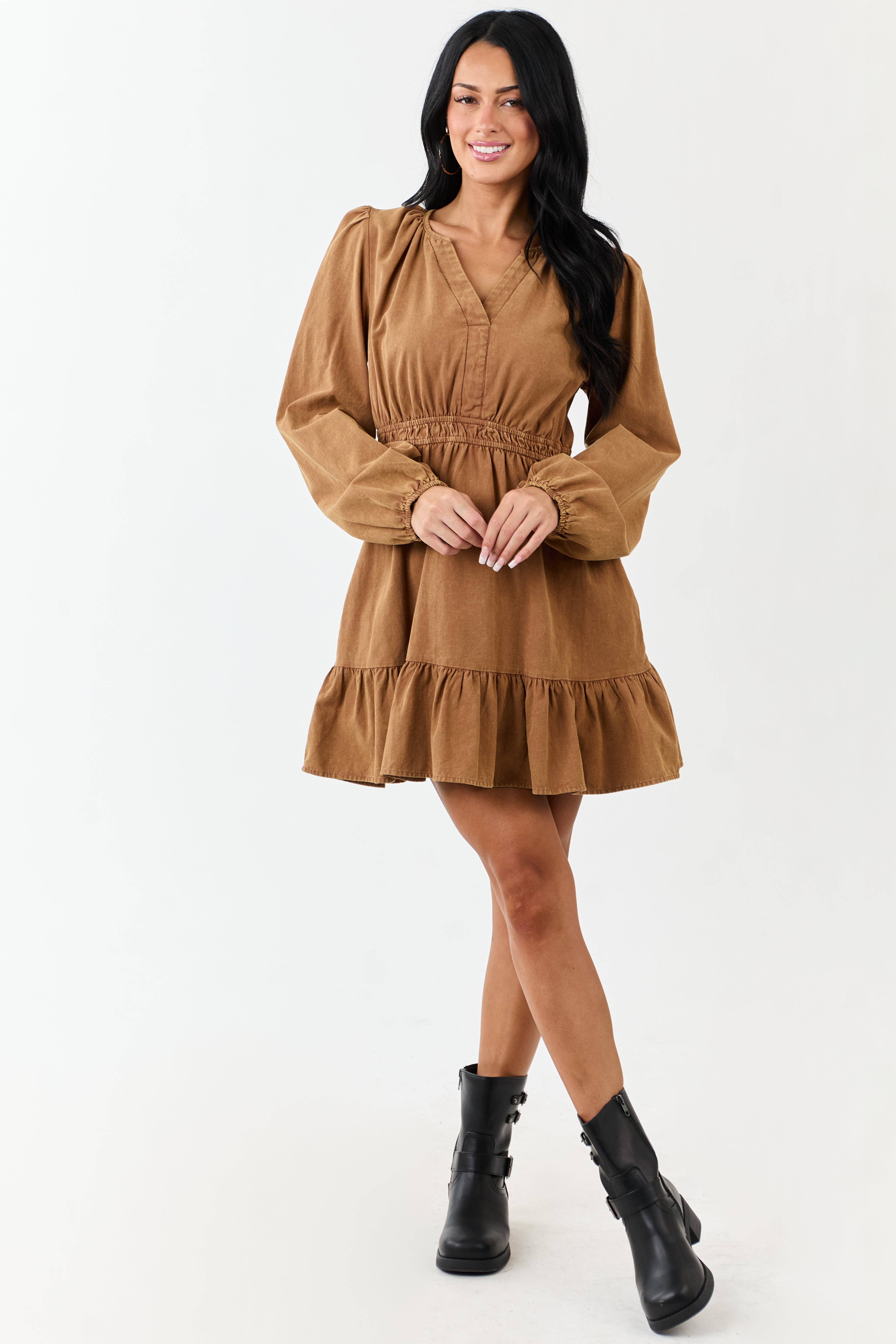 Copper Mineral Wash Denim Long Sleeve Mini Dress