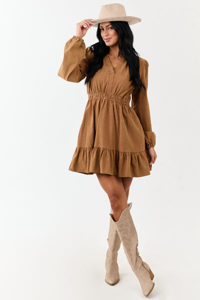 Copper Mineral Wash Denim Long Sleeve Mini Dress