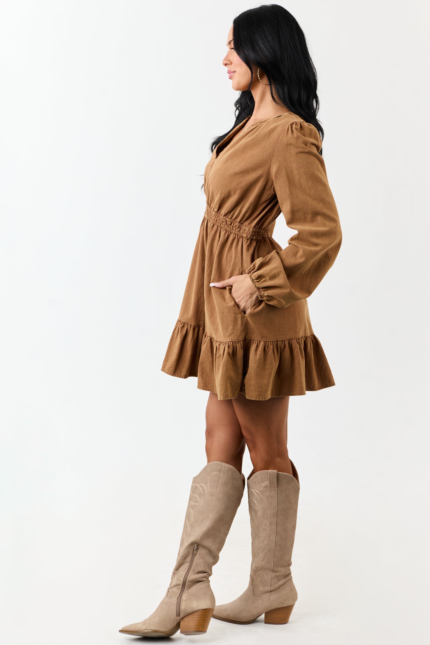 Copper Mineral Wash Denim Long Sleeve Mini Dress