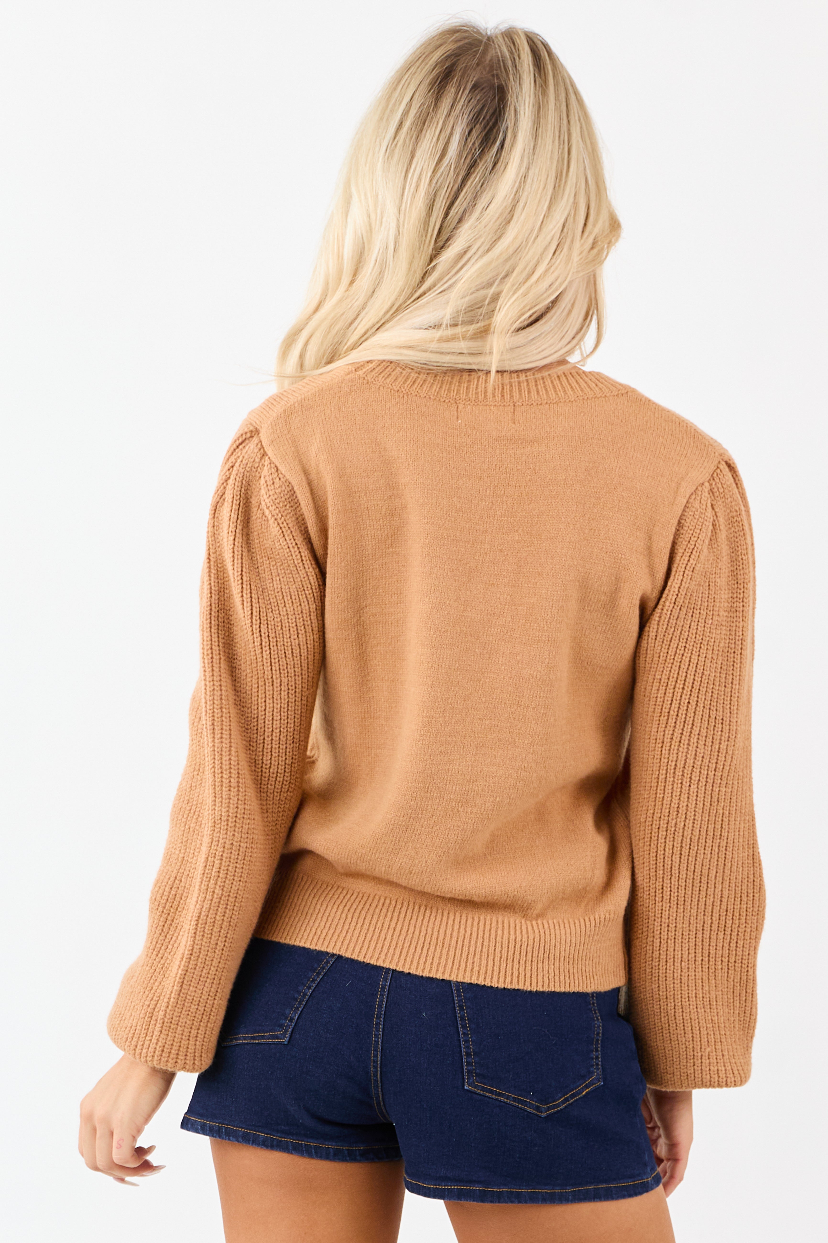 Copper Ribbed Knit Puff Long Sleeve Sweater