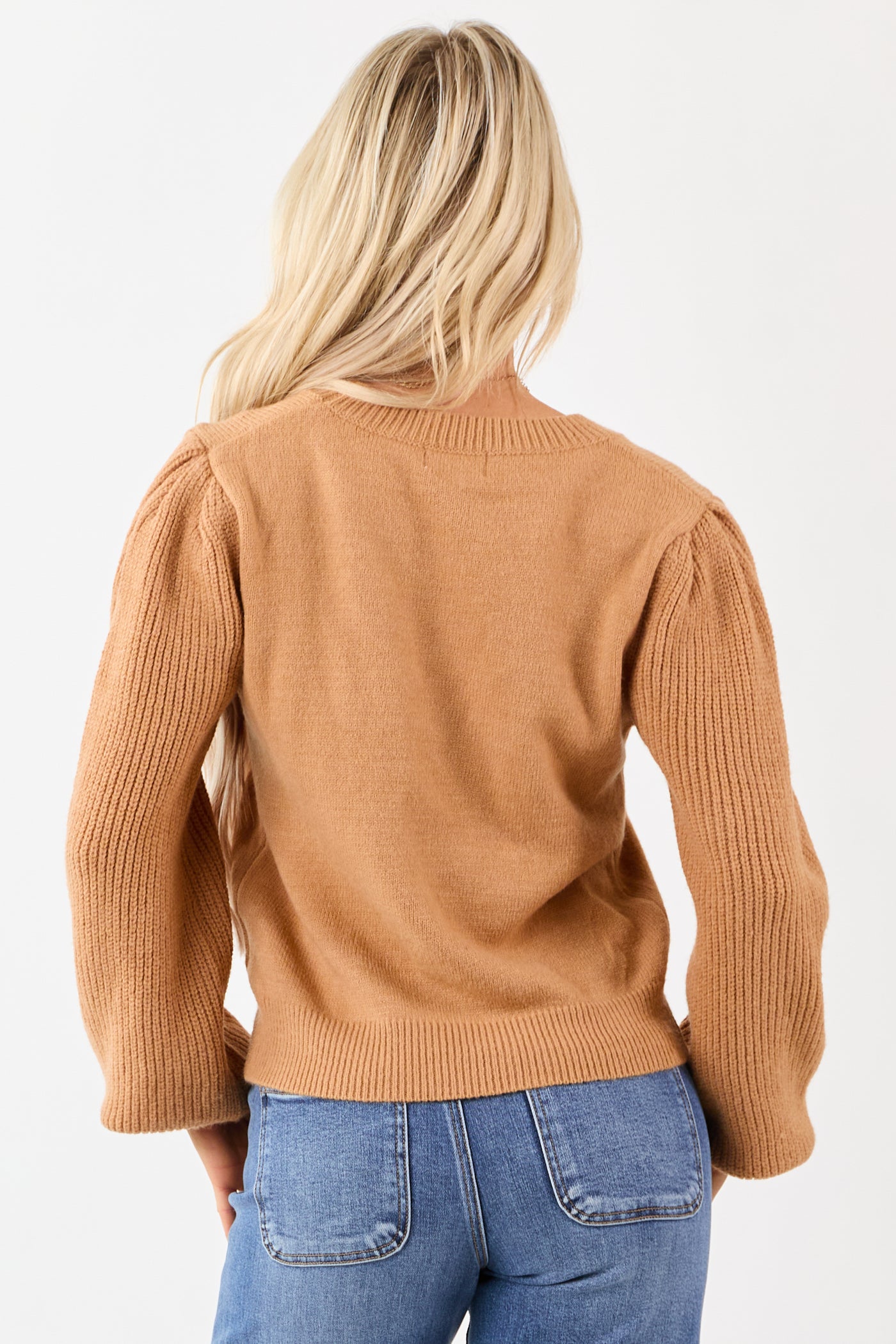 Copper Ribbed Knit Puff Long Sleeve Sweater