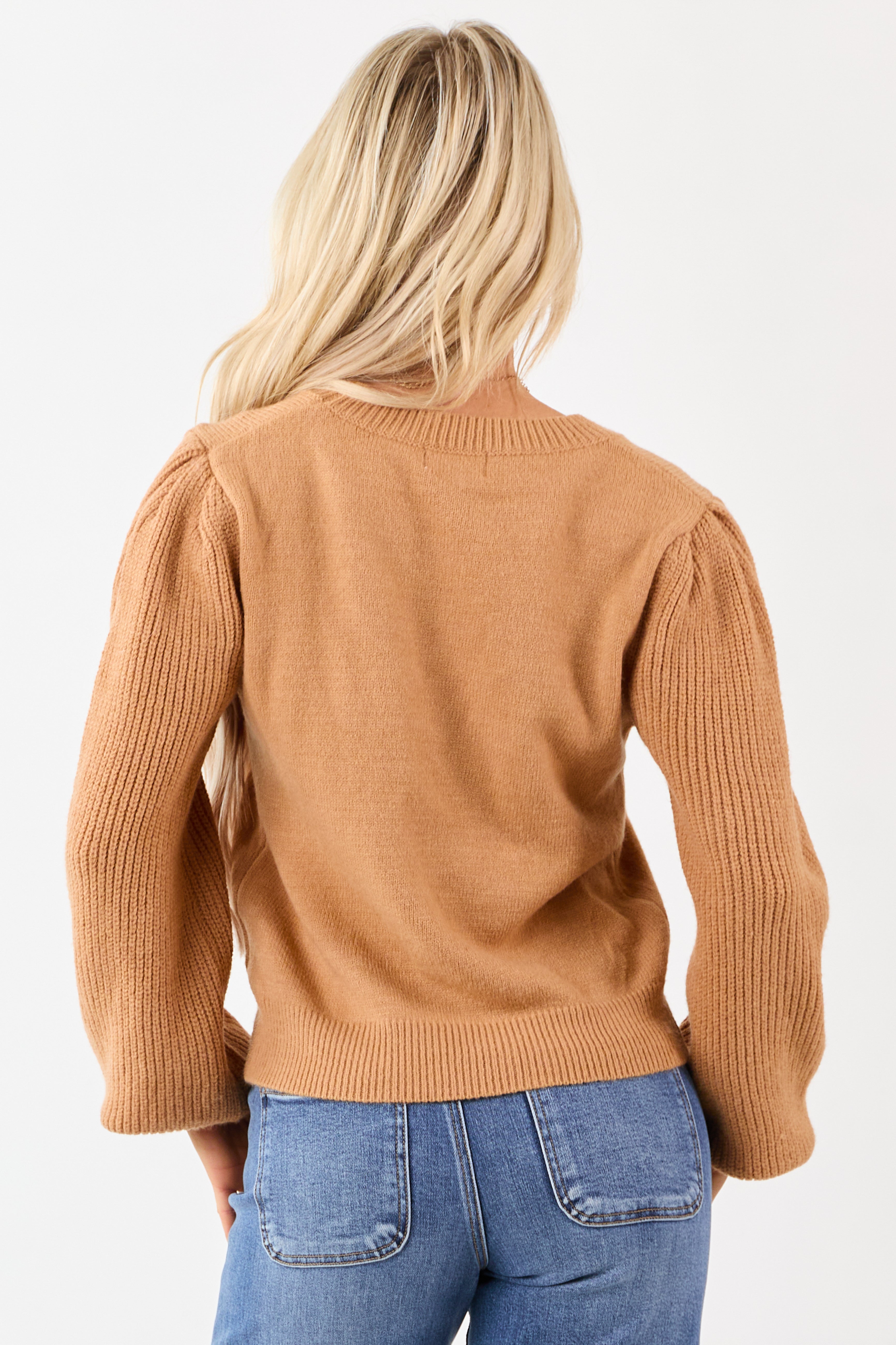 Copper Ribbed Knit Puff Long Sleeve Sweater