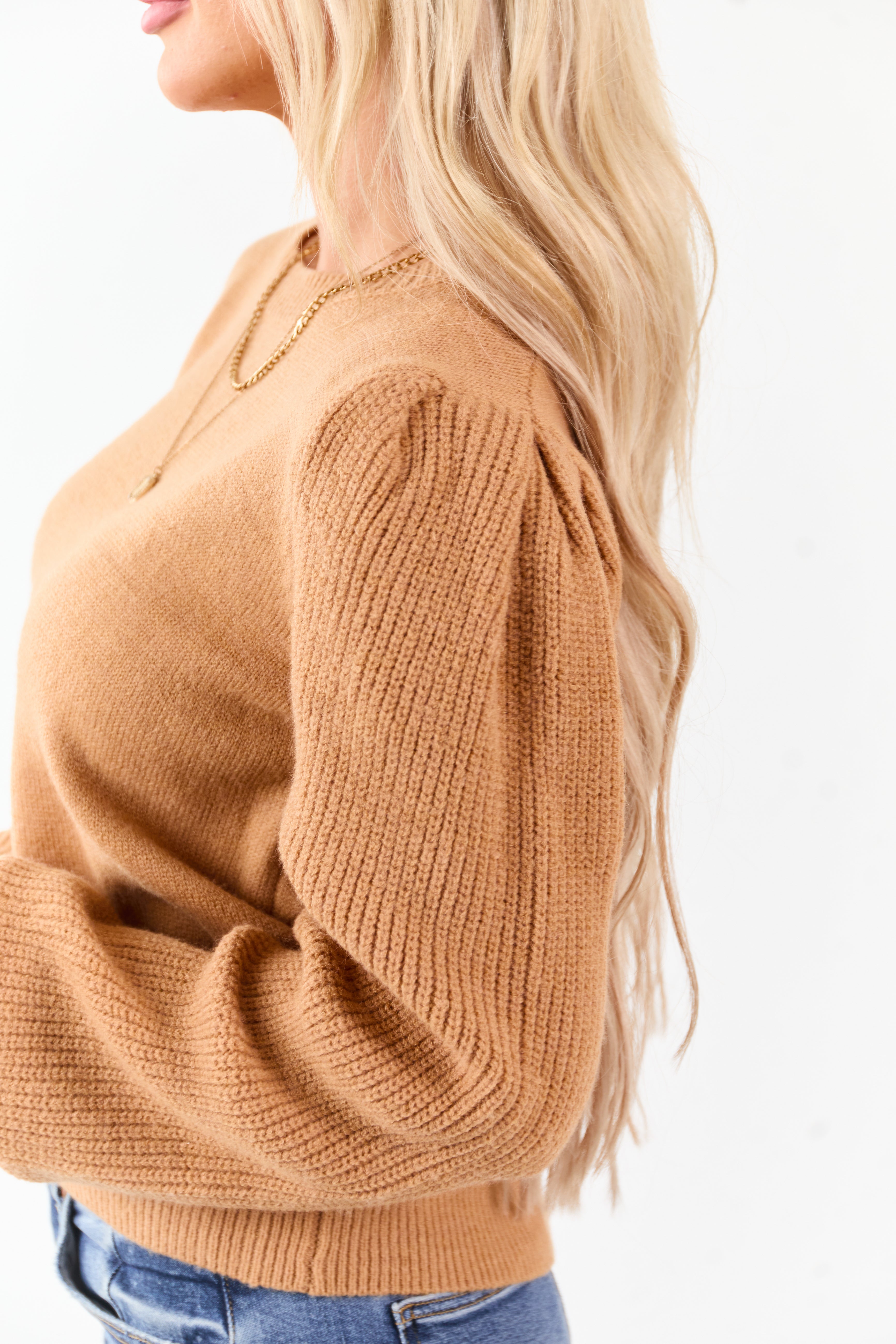 Copper Ribbed Knit Puff Long Sleeve Sweater