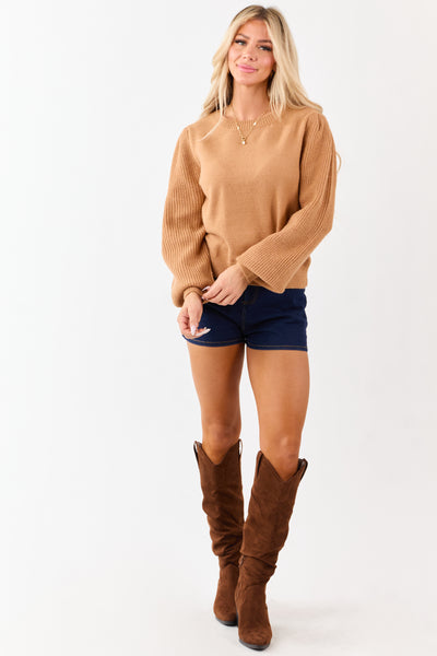 Copper Ribbed Knit Puff Long Sleeve Sweater