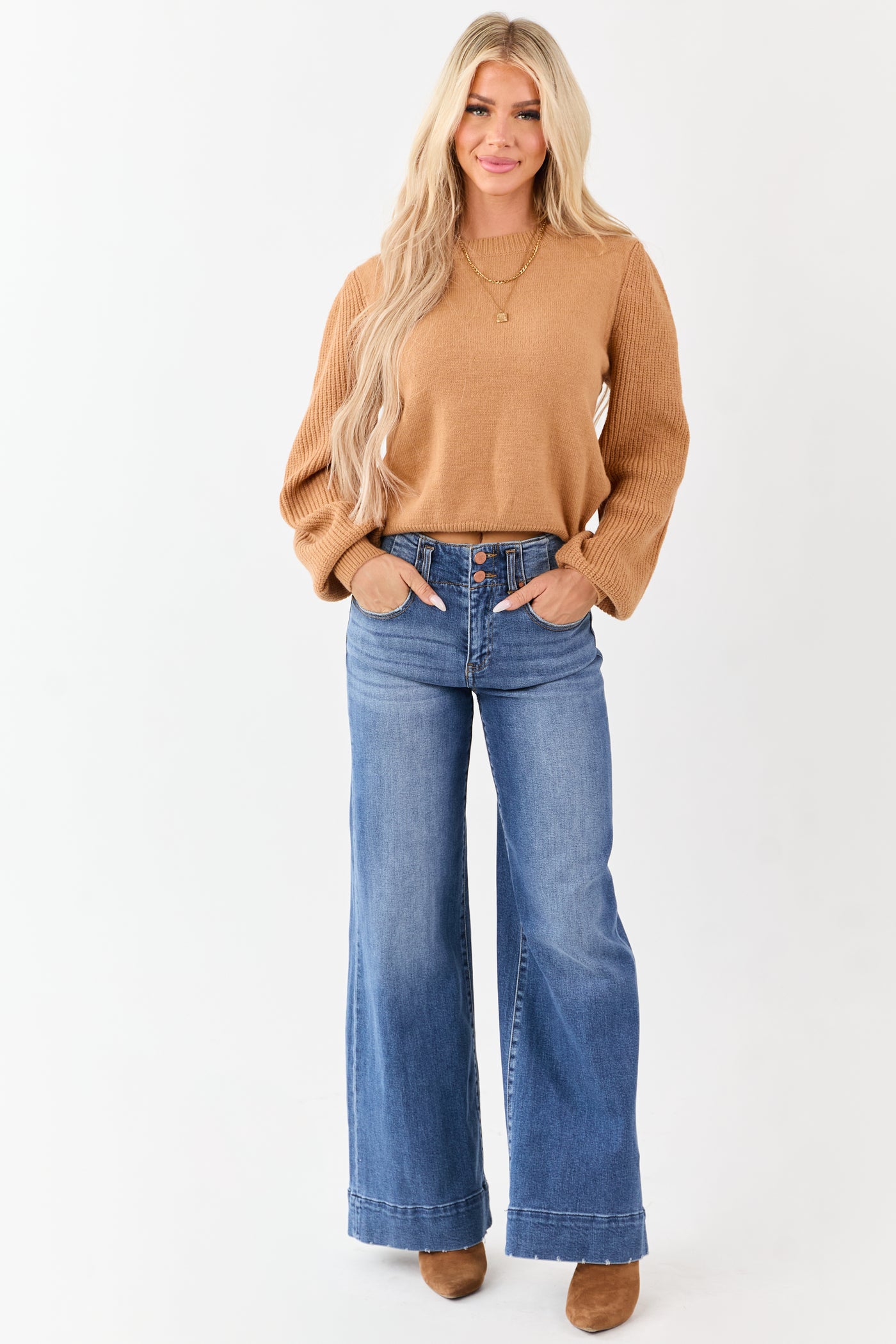 Copper Ribbed Knit Puff Long Sleeve Sweater