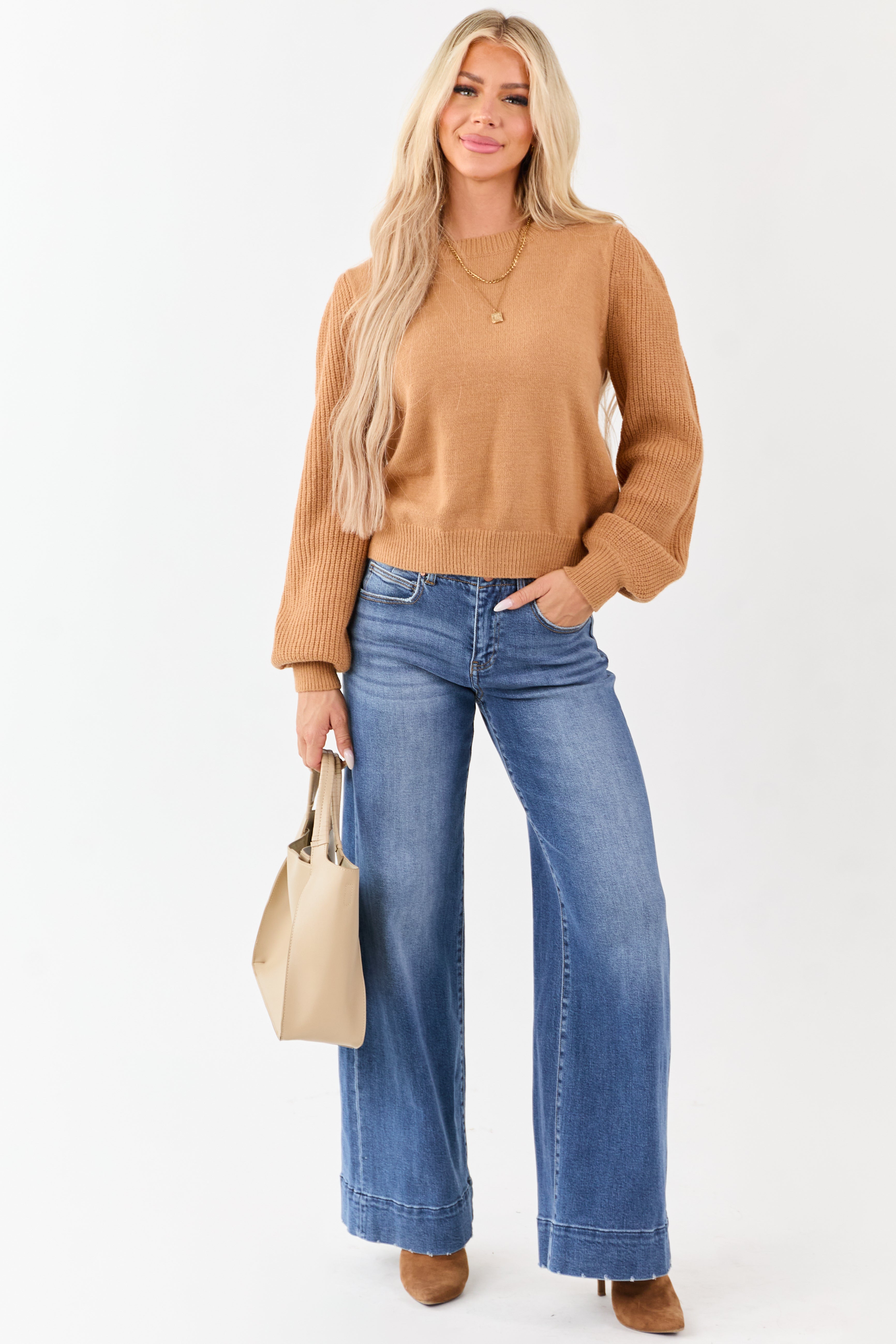 Copper Ribbed Knit Puff Long Sleeve Sweater
