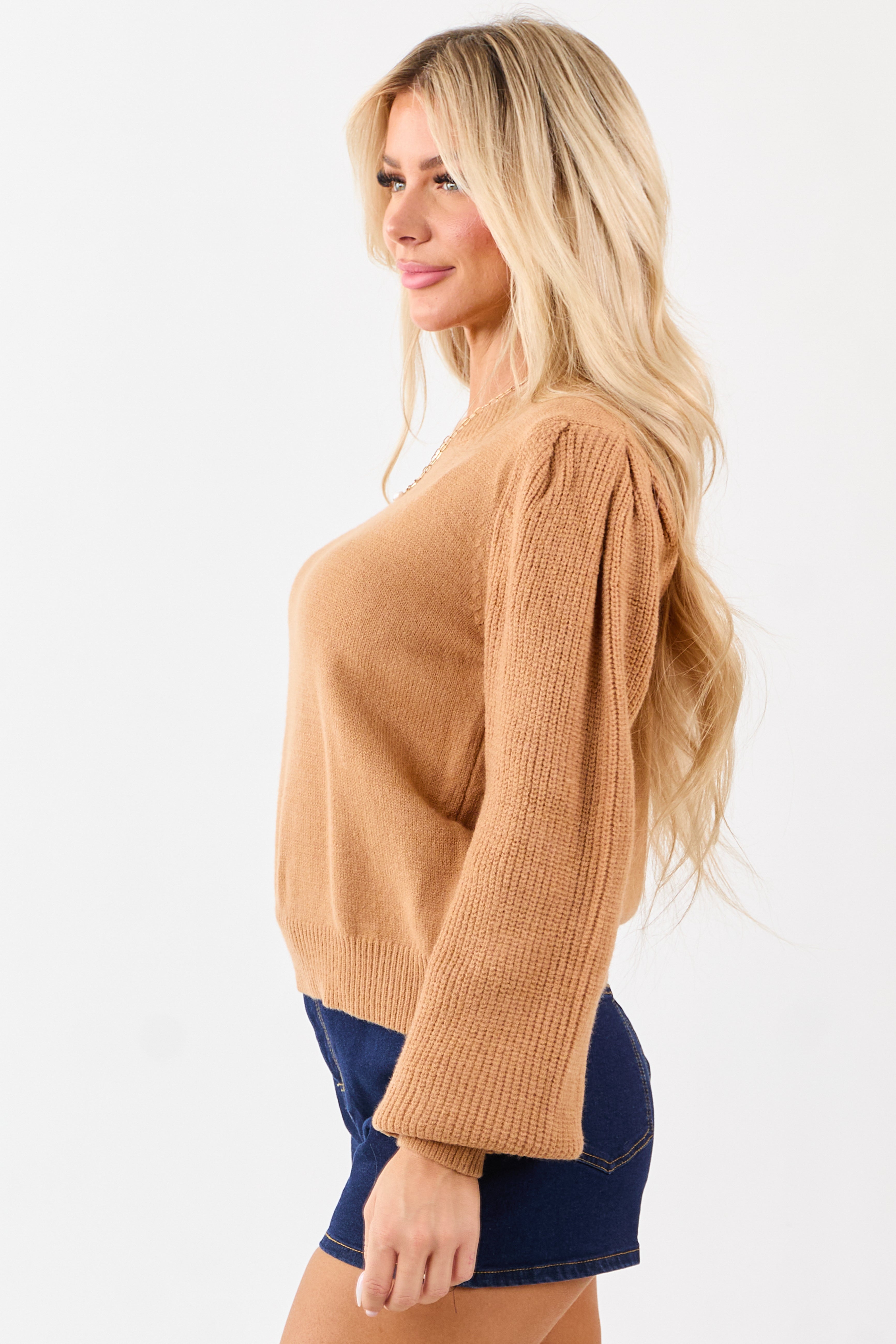 Copper Ribbed Knit Puff Long Sleeve Sweater