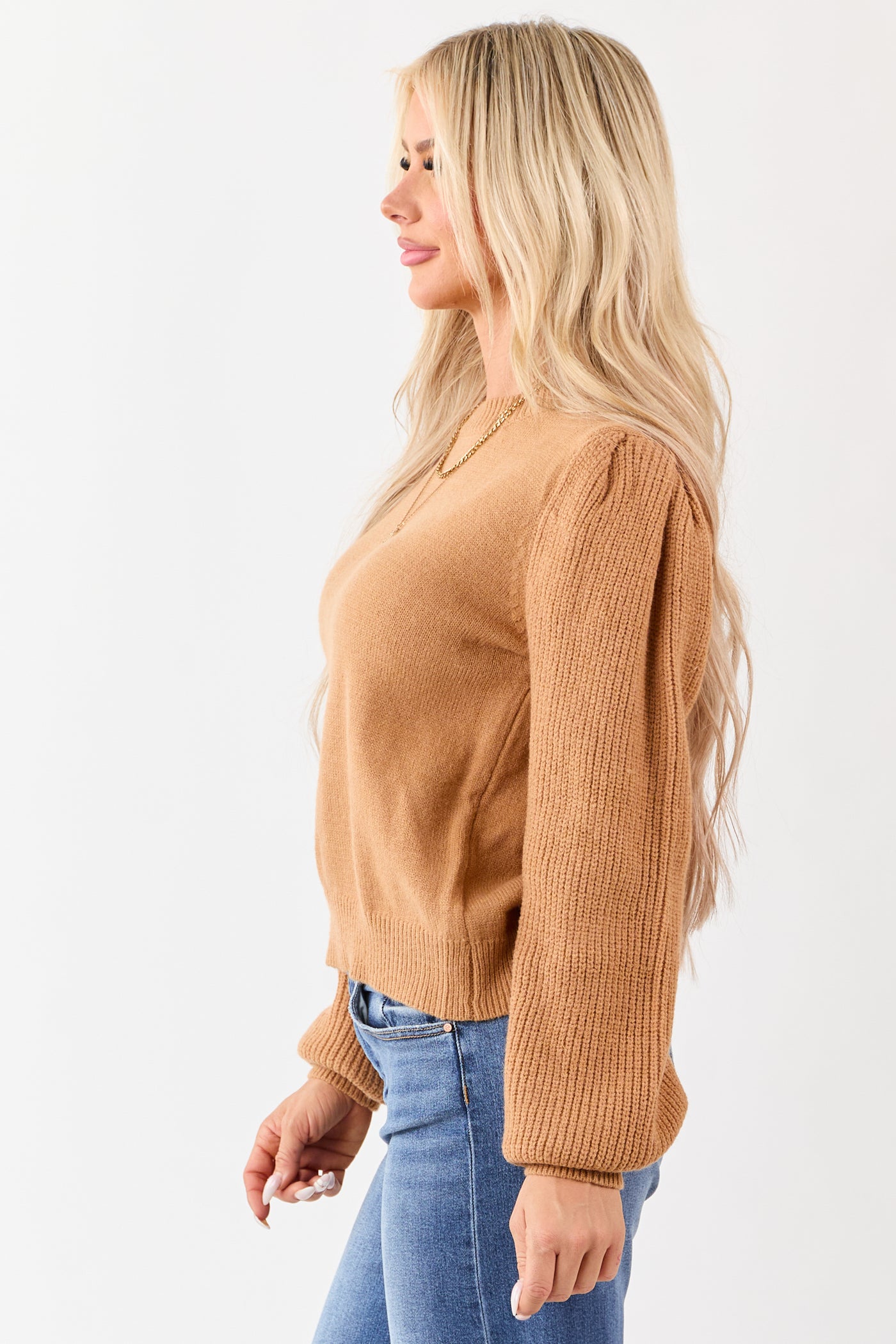 Copper Ribbed Knit Puff Long Sleeve Sweater