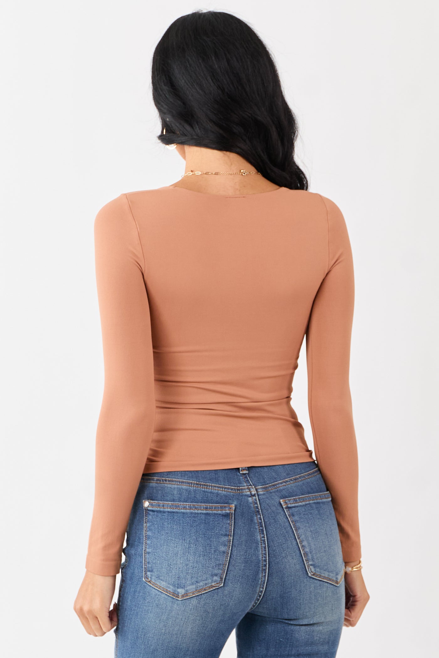 Copper Shirred Bust Fitted Long Sleeve Top