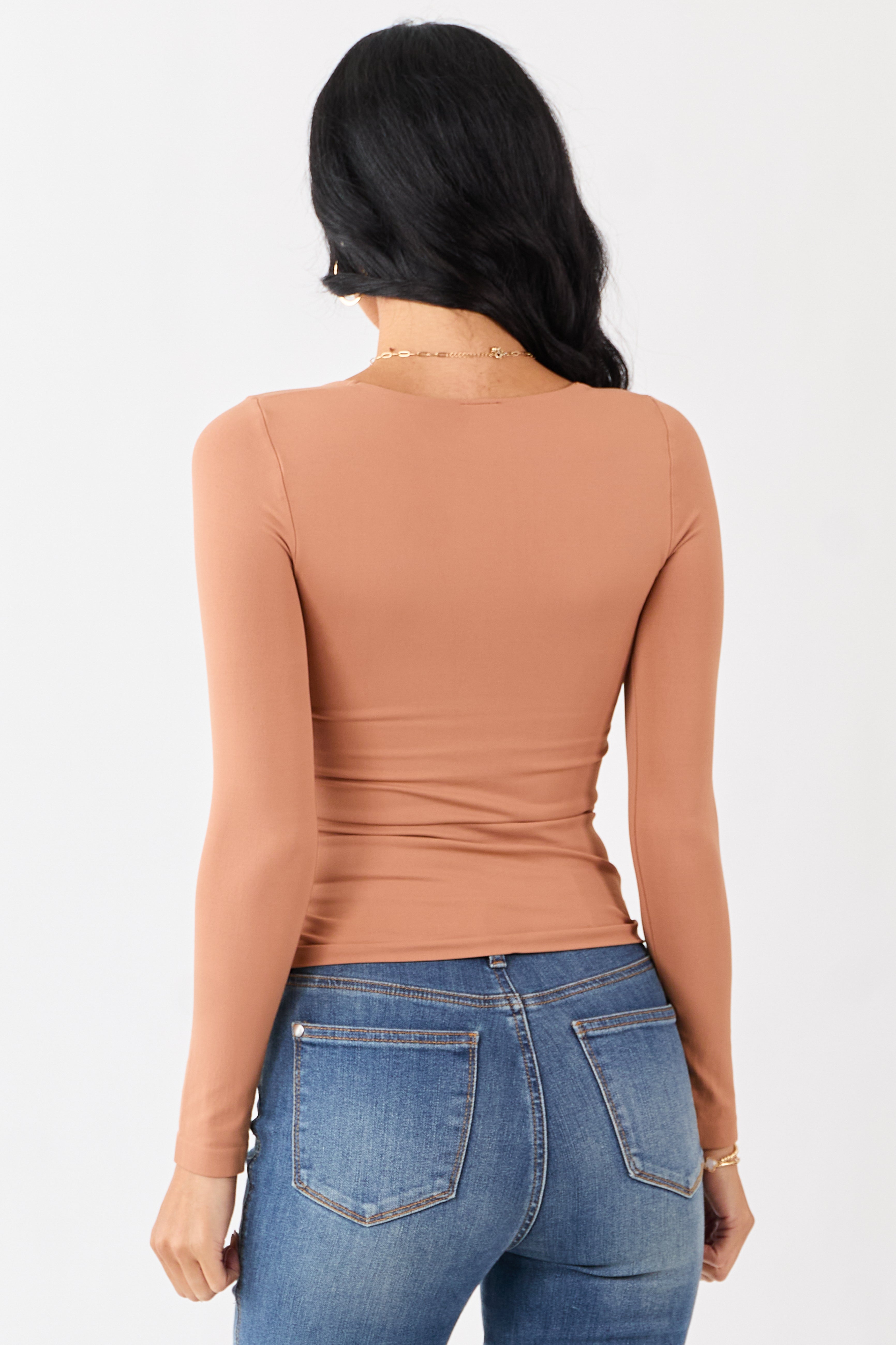 Copper Shirred Bust Fitted Long Sleeve Top